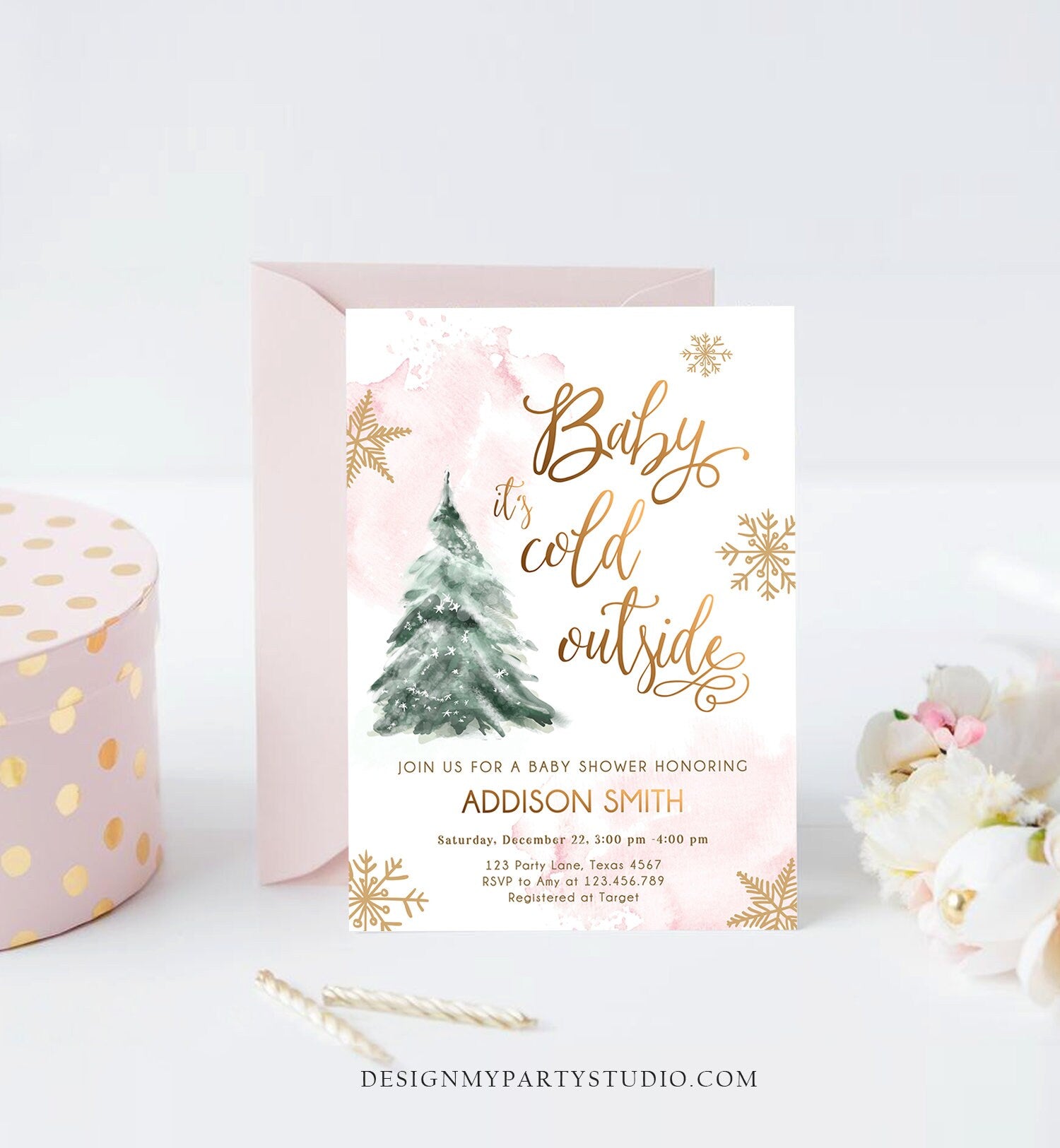 Editable Baby Its Cold Outside Baby Shower Invitation Winter Baby Shower Girl Blush Pink Gold Watercolor Tree Template Download Corjl 0363