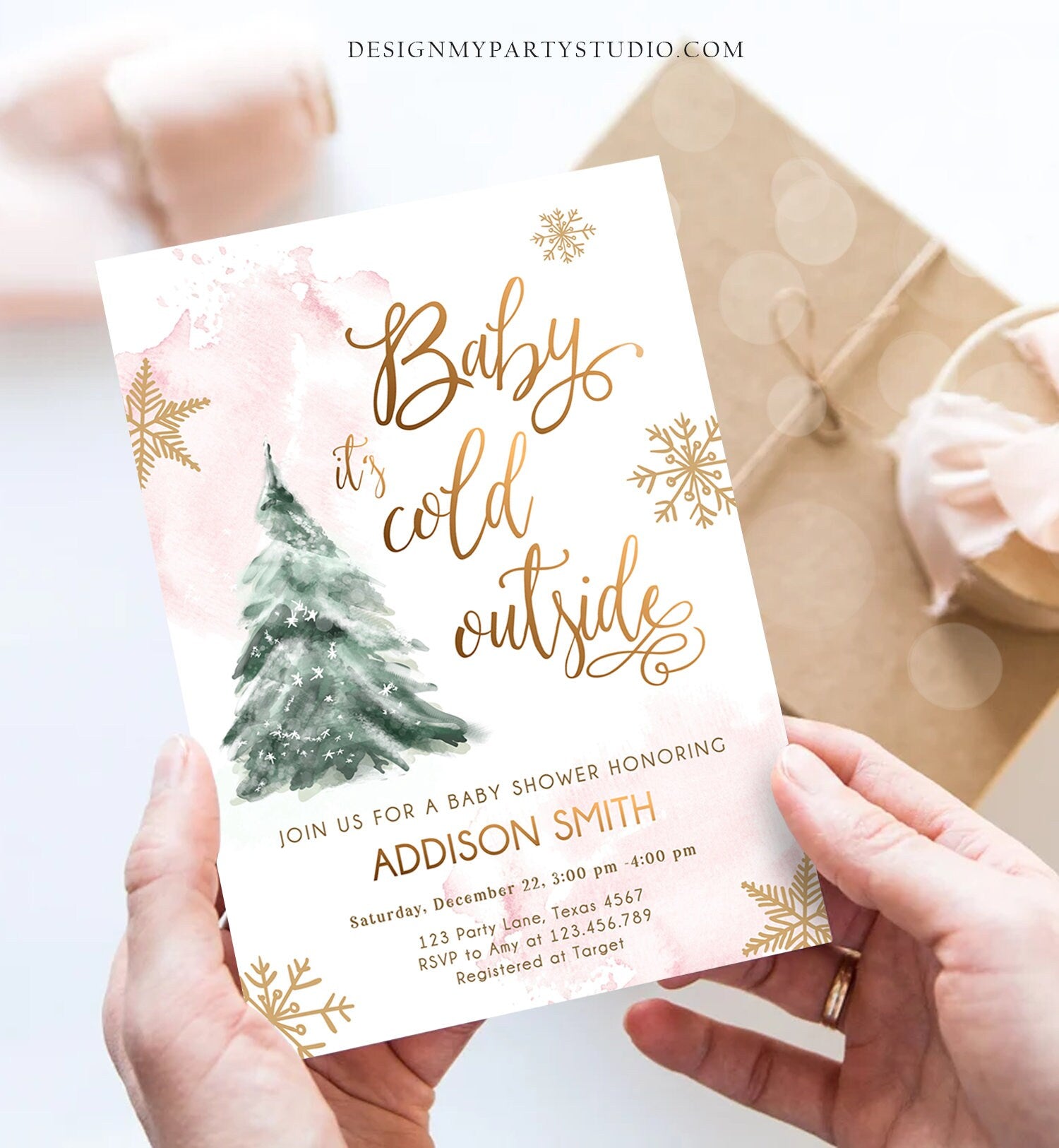 Editable Baby Its Cold Outside Baby Shower Invitation Winter Baby Shower Girl Blush Pink Gold Watercolor Tree Template Download Corjl 0363