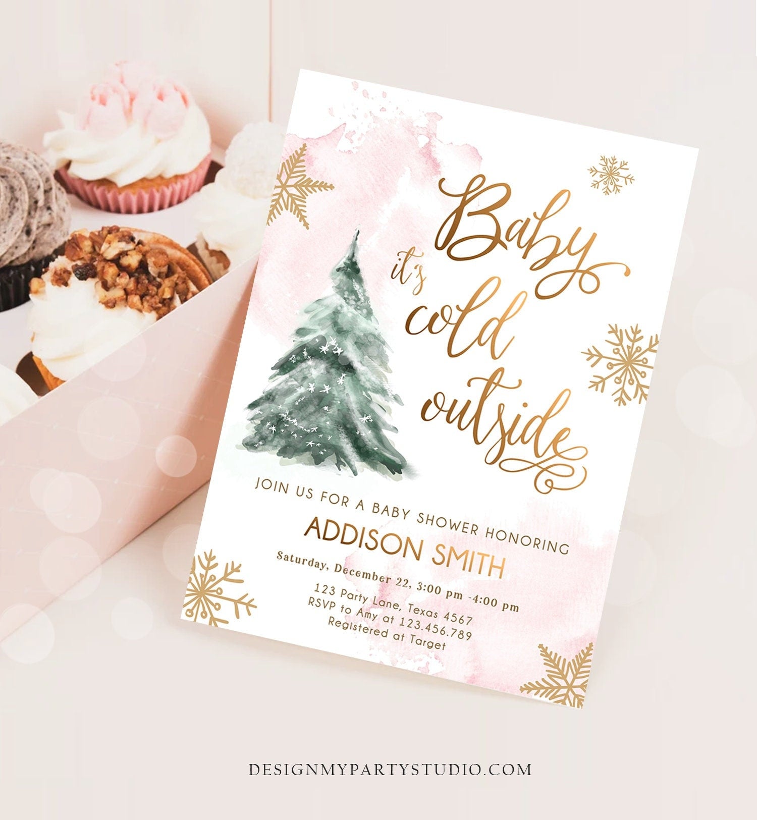 Editable Baby Its Cold Outside Baby Shower Invitation Winter Baby Shower Girl Blush Pink Gold Watercolor Tree Template Download Corjl 0363