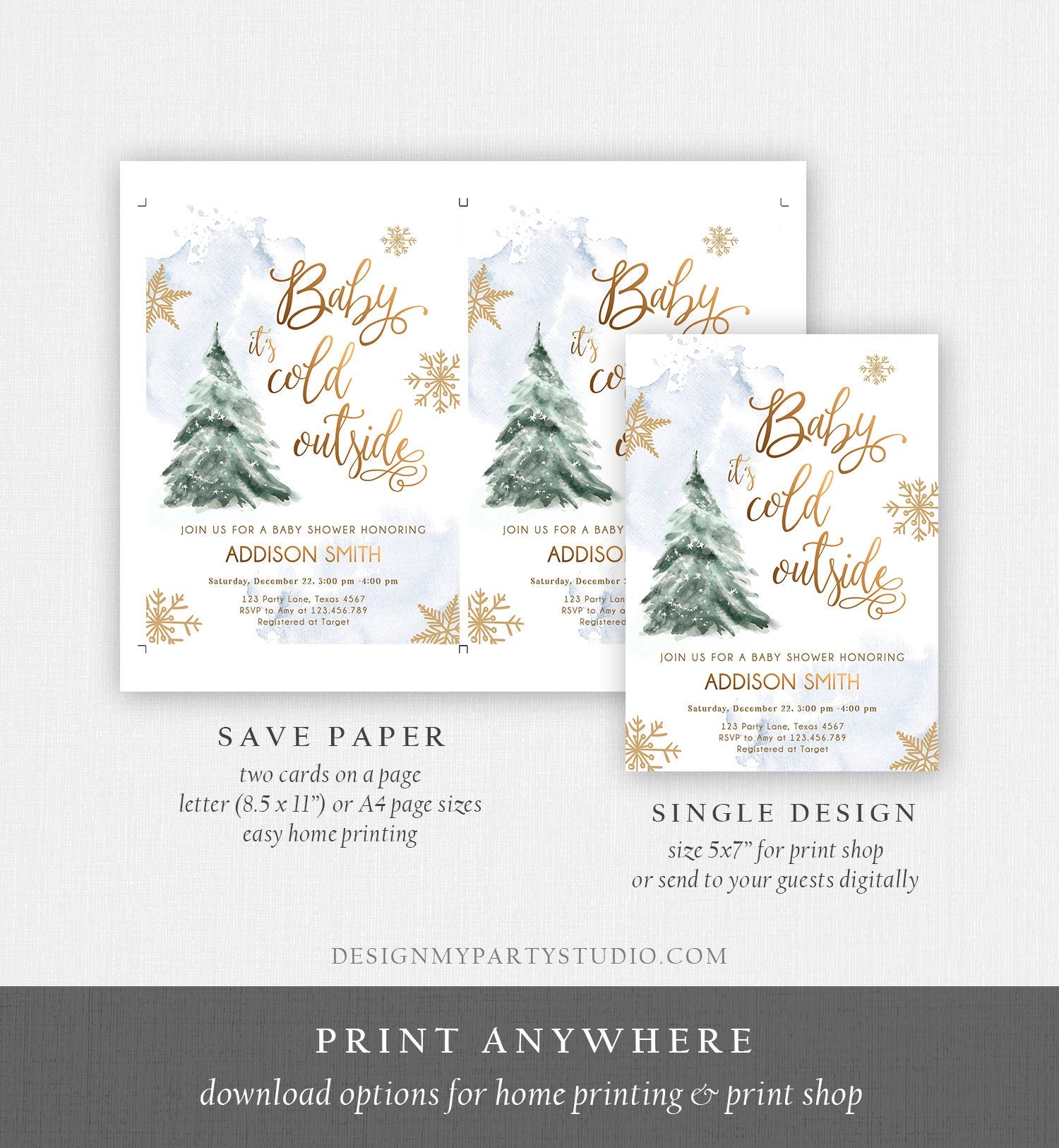 Editable Baby Its Cold Outside Baby Shower Invitation Winter Neutral Blue Boy Gold Snow Watercolor Tree Template Download Corjl 0363