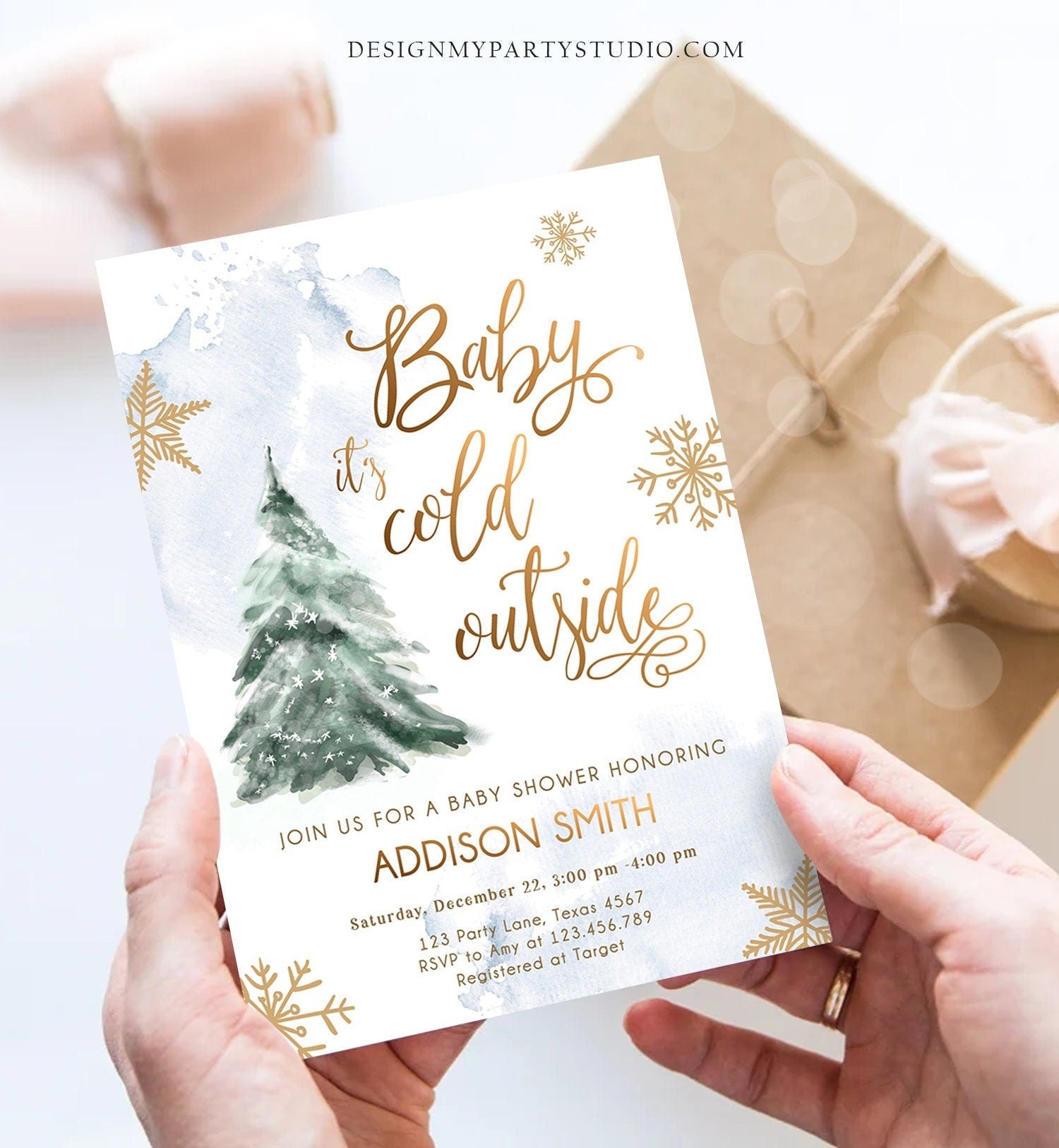 Editable Baby Its Cold Outside Baby Shower Invitation Winter Neutral Blue Boy Gold Snow Watercolor Tree Template Download Corjl 0363