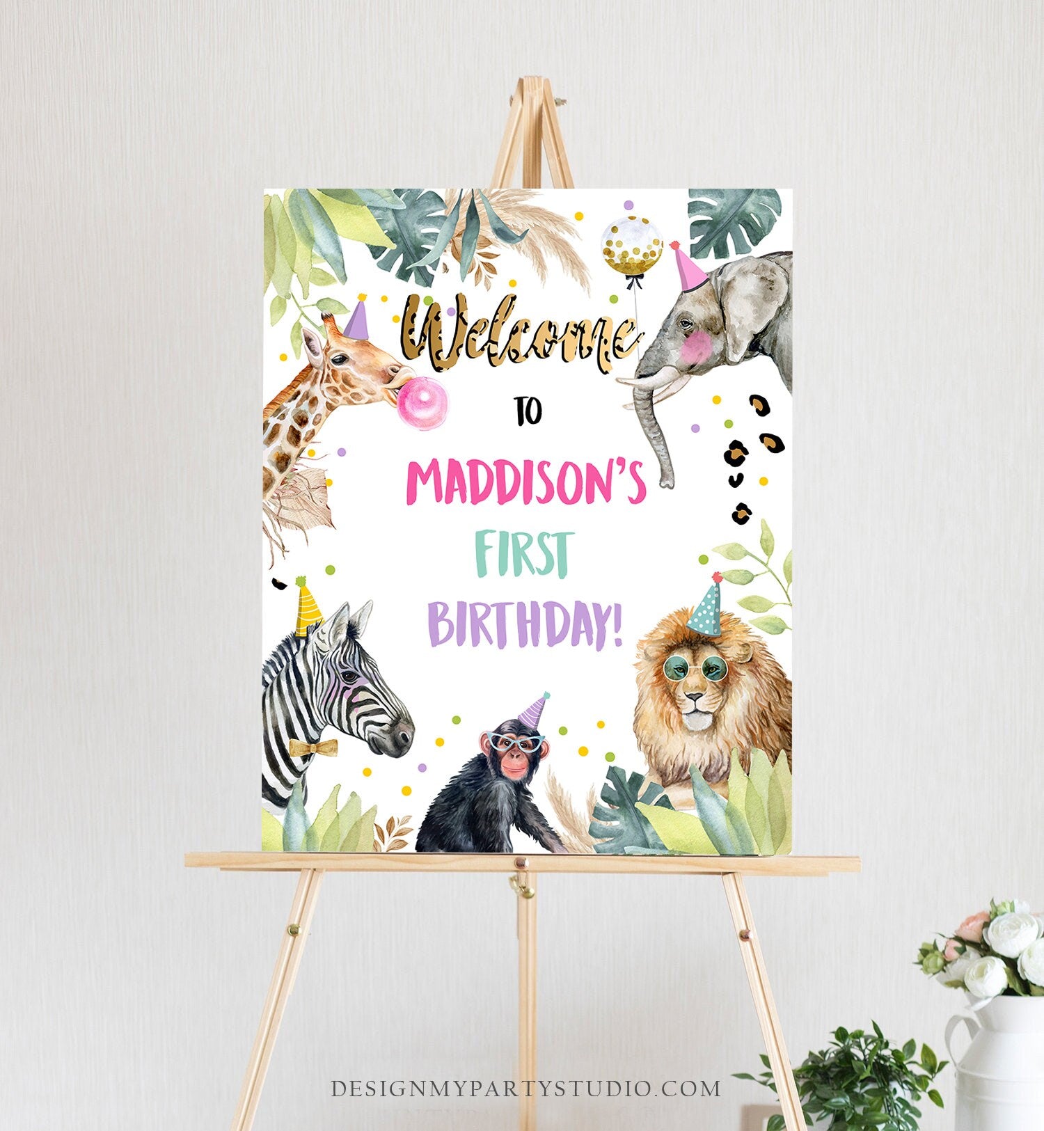 Editable Party Animals Welcome Sign Party Animal Sign Zoo Safari Welcome Jungle Sign Birthday Animals Girl Template PRINTABLE Corjl 0417