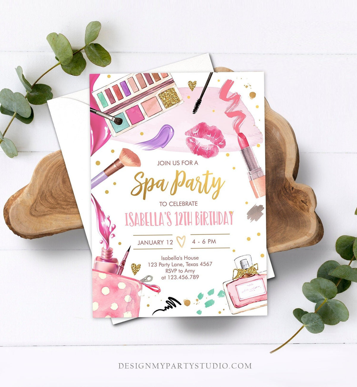 Editable Spa Makeup Birthday Invitation Glam Party Girl Birthday Tween Spa Party Invite Pink Gold Download Printable Template Corjl 0420