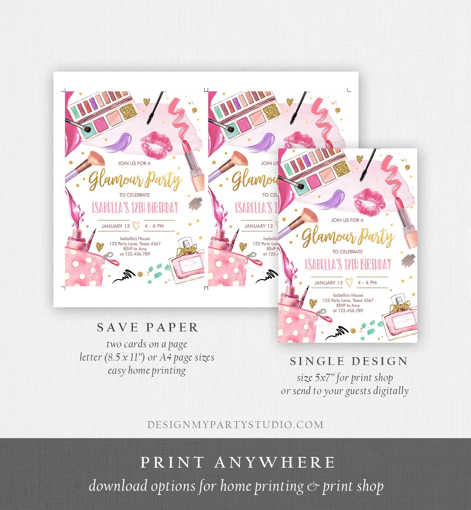 Editable Glamour Birthday Party Glitters and Glamour Spa Makeup Birthday Invitation Pink Gold Girl Download Printable Template Corjl 0420