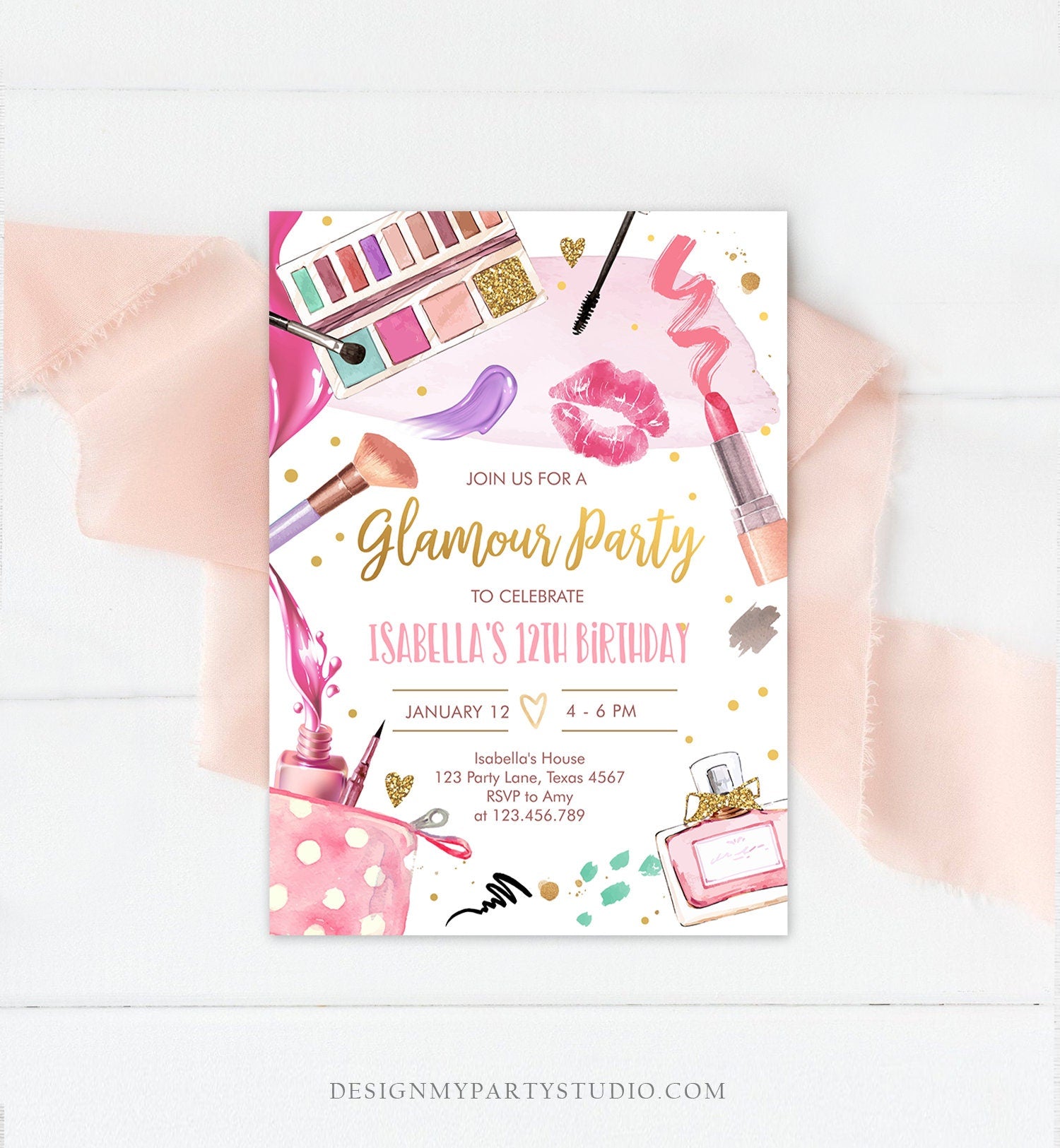 Editable Glamour Birthday Party Glitters and Glamour Spa Makeup Birthday Invitation Pink Gold Girl Download Printable Template Corjl 0420