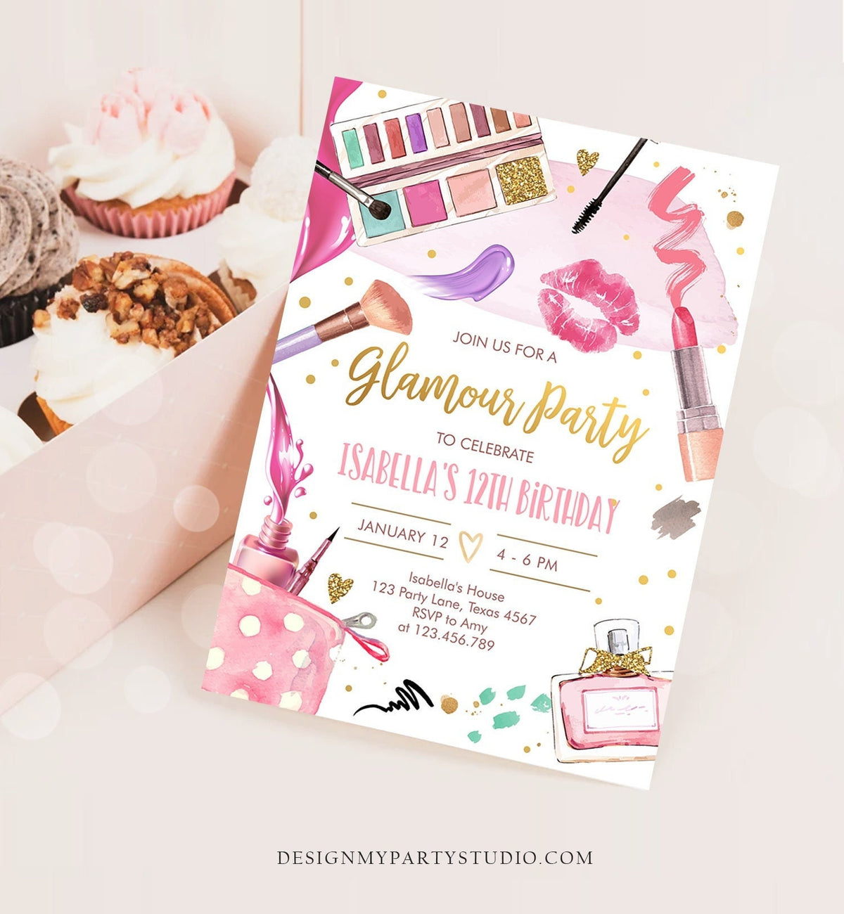 Editable Glamour Birthday Party Glitters and Glamour Spa Makeup Birthday Invitation Pink Gold Girl Download Printable Template Corjl 0420