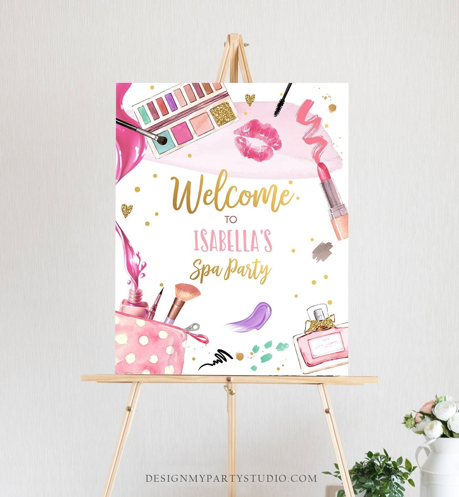 Editable Spa Party Birthday Welcome Sign Glamour Party Spa Birthday Decor Girl Pink and Gold Makeup Party Template Corjl PRINTABLE 0420