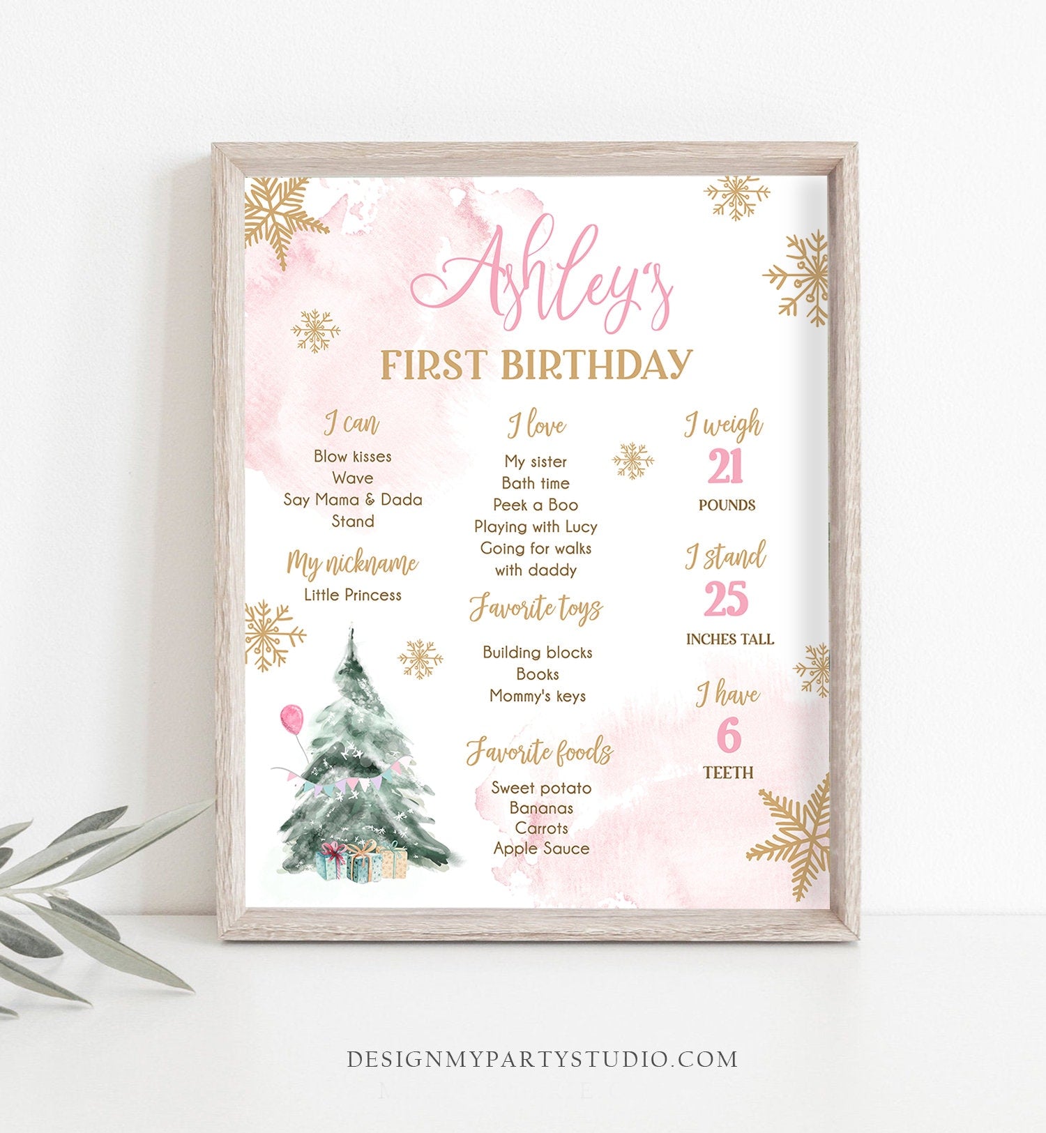 Editable Winter Tree Birthday Milestones Sign Winter Onederland Watercolor First Birthday Girl Gold Pink Corjl Template Printable 0363