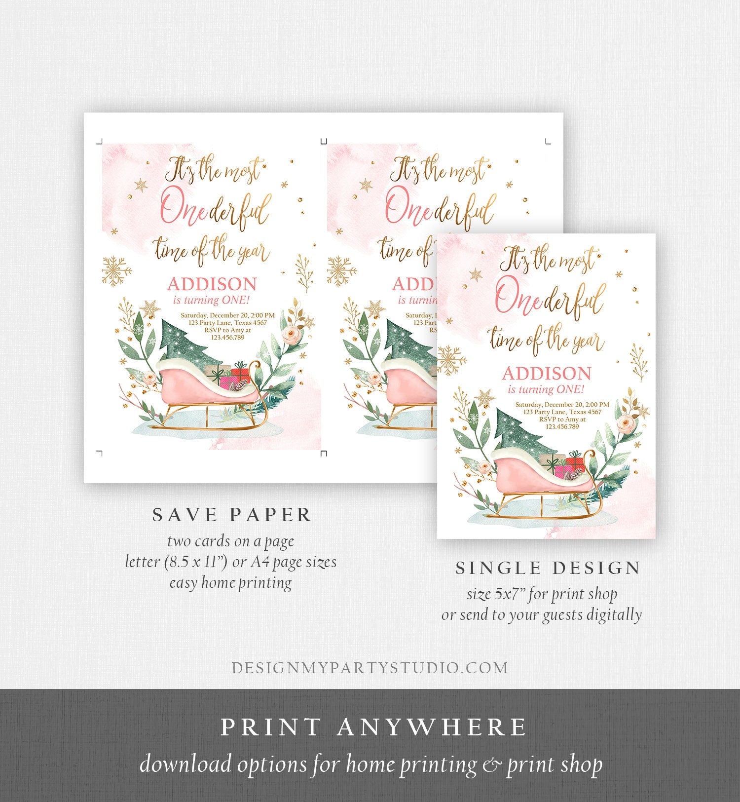 Editable Most Onederful Time of The Year 1st Birthday Invitation Winter Christmas Party Sleigh Trees Girl Pink Printable Template DIY 0353