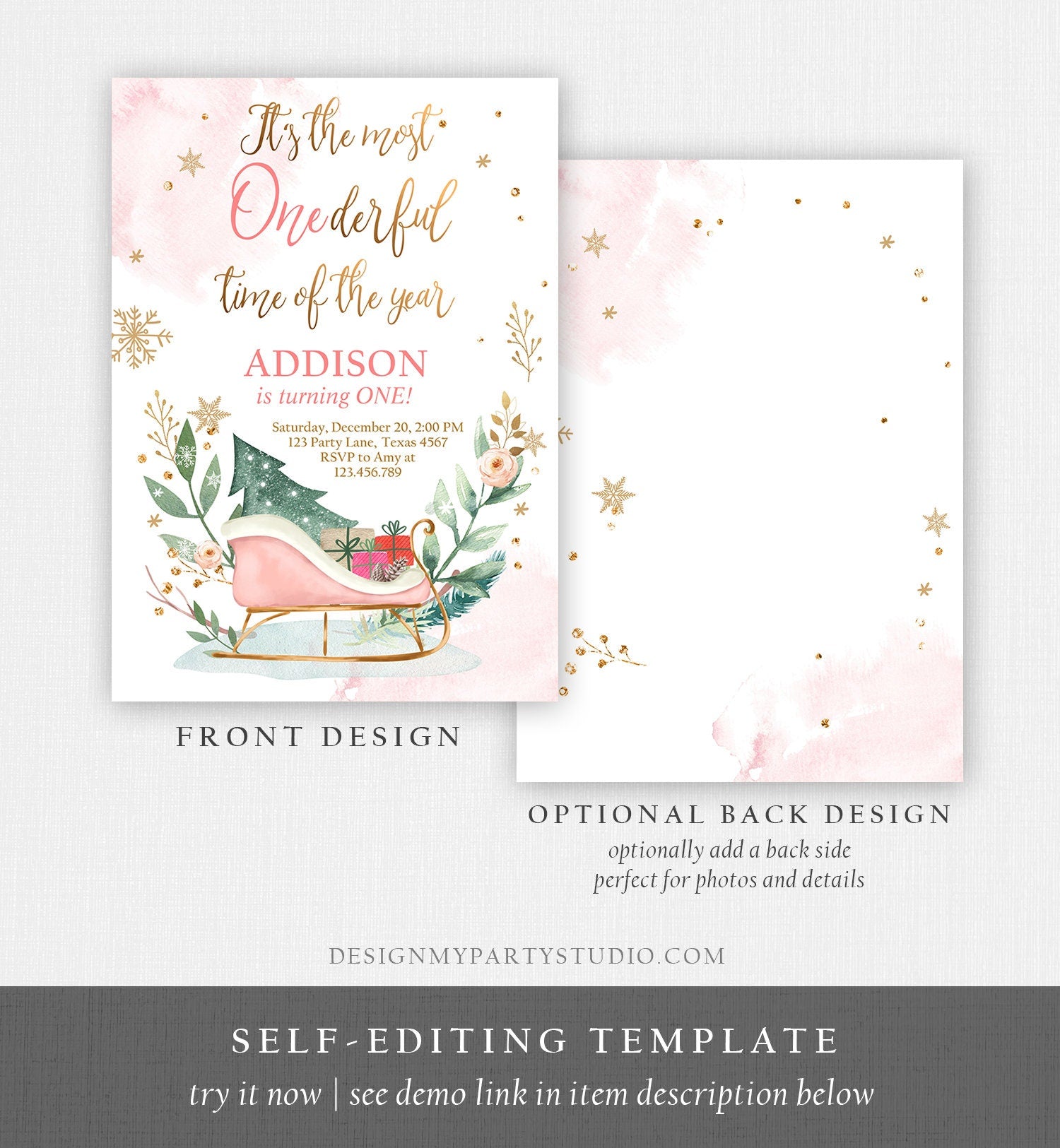 Editable Most Onederful Time of The Year 1st Birthday Invitation Winter Christmas Party Sleigh Trees Girl Pink Printable Template DIY 0353