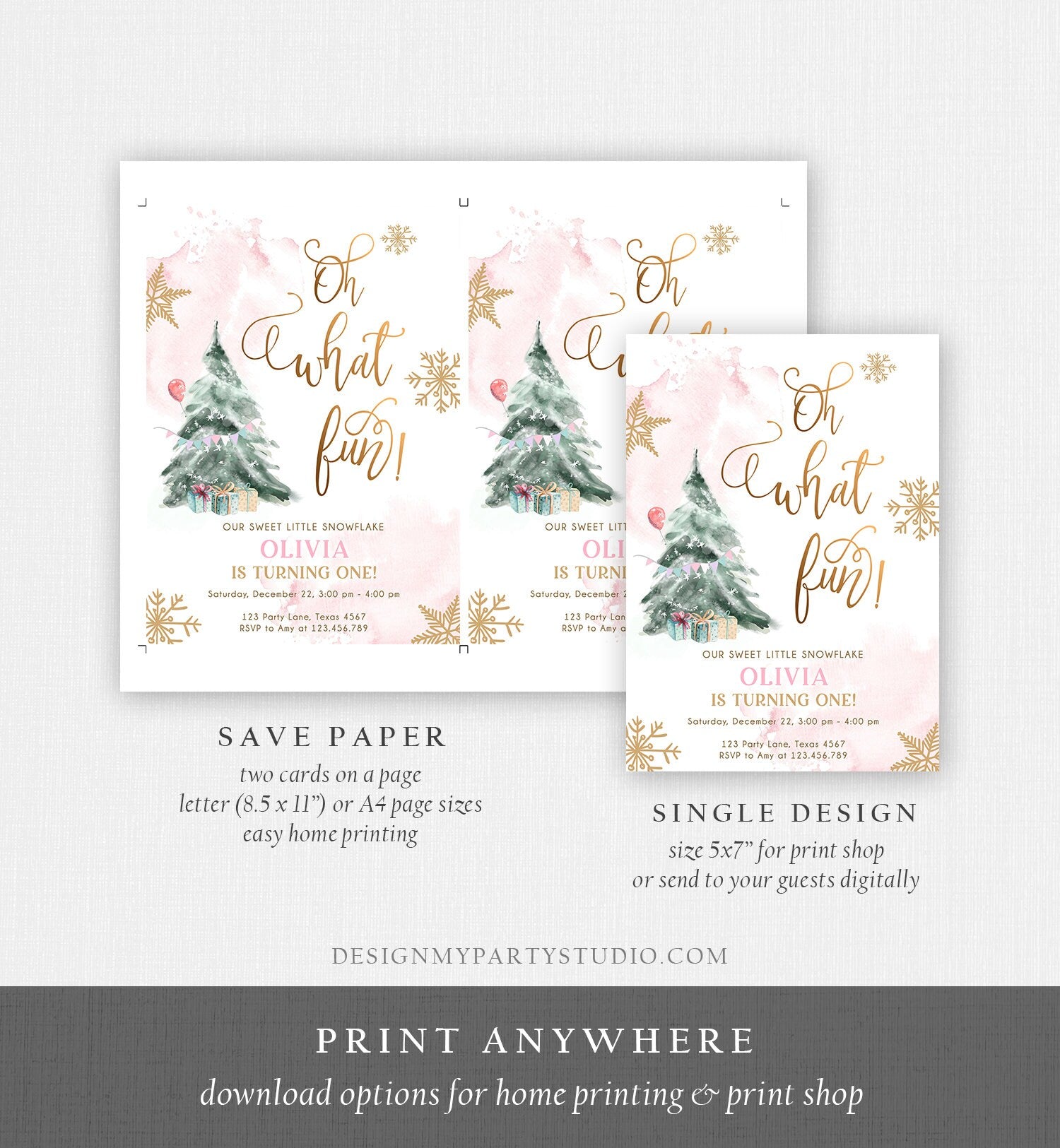 Editable Oh What Fun! Holiday 1st Winter Birthday Invitation Winter Christmas Party Winter Tree Girl Pink Gold Printable Template DIY 0363