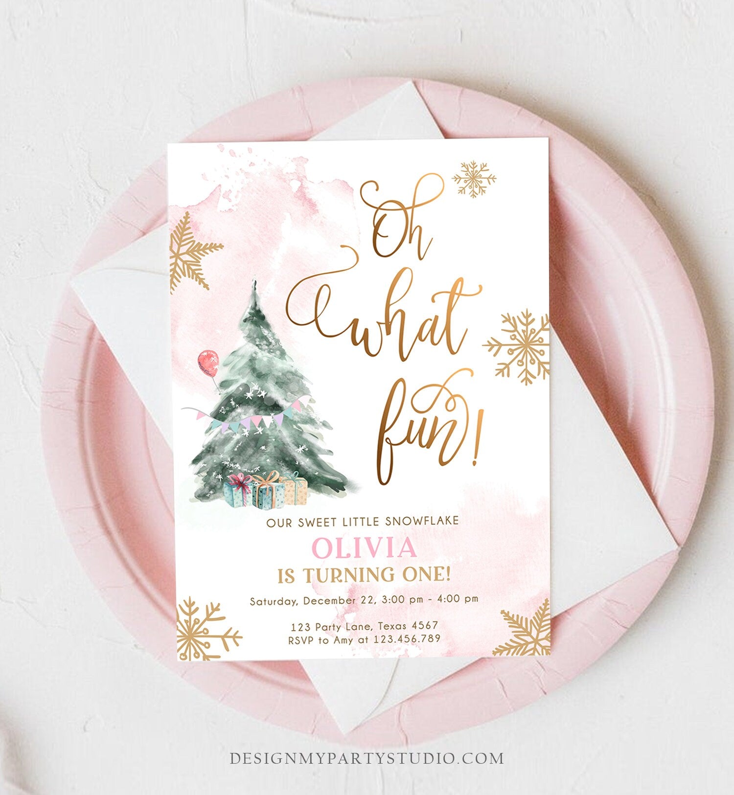 Editable Oh What Fun! Holiday 1st Winter Birthday Invitation Winter Christmas Party Winter Tree Girl Pink Gold Printable Template DIY 0363