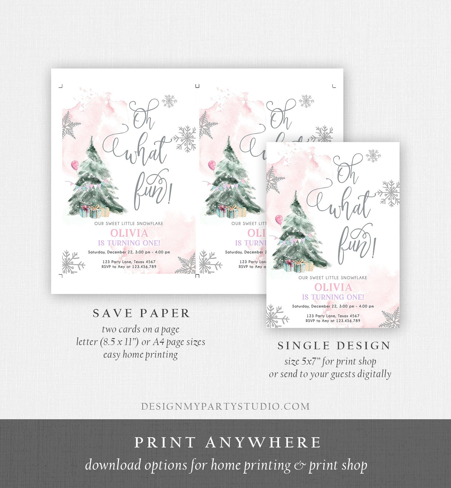 Editable Oh What Fun! Holiday 1st Winter Birthday Invitation Winter Christmas Party Winter Tree Girl Pink Silver Printable Template DIY 0363