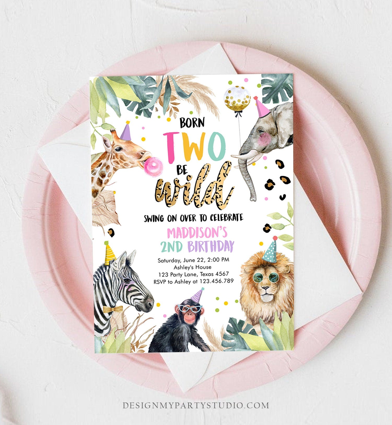 Editable Birthday Invitation Girl Born Two Be Wild Party Animals Invite Safari Zoo Birthday Download Printable Template Digital Corjl 0417