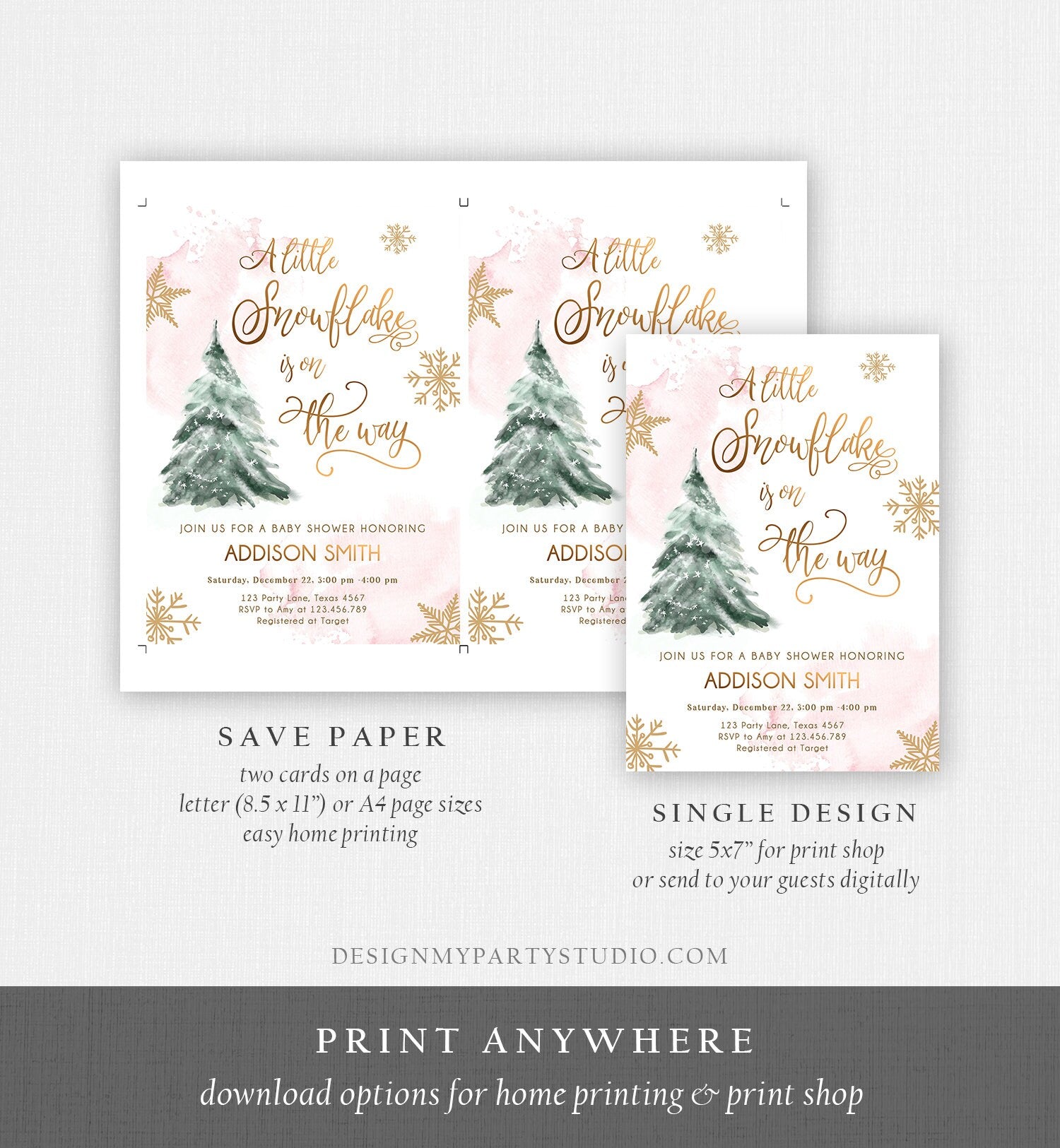 Editable A Little Snowflake is on the Way Baby Shower Invitation Winter Girl Blush Pink Snow Watercolor Tree Download Corjl Template 0363