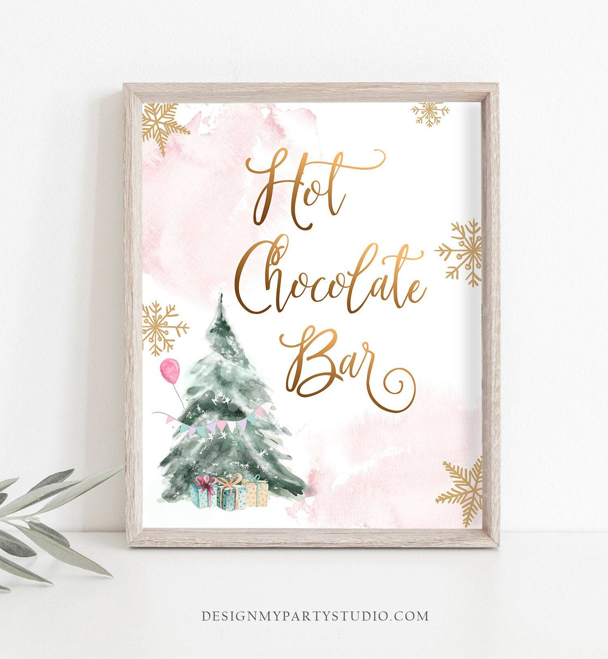 Hot Chocolate Bar Sign Winter Tree Watercolor Snow Girl Pink Birthday Baby Shower Cocoa Bar Drink Station Instant Download Printable 0363