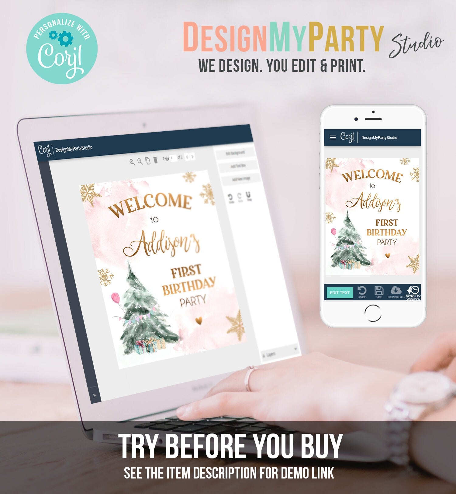 Editable Winter Onederland Welcome Sign Tree Watercolor First Birthday Girl Pink Snowflake Wonderland Corjl Template Printable 0363