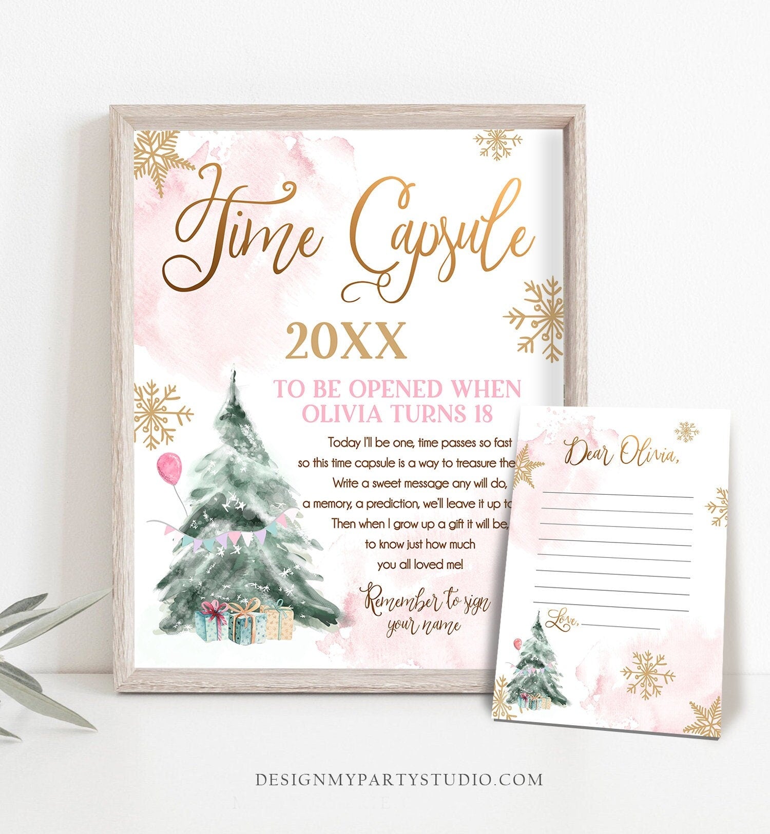 Editable Winter Onederland Time Capsule Winter First Birthday Party Girl Snowflake One 1st Pink Gold Guestbook Template Printable Corjl 0363