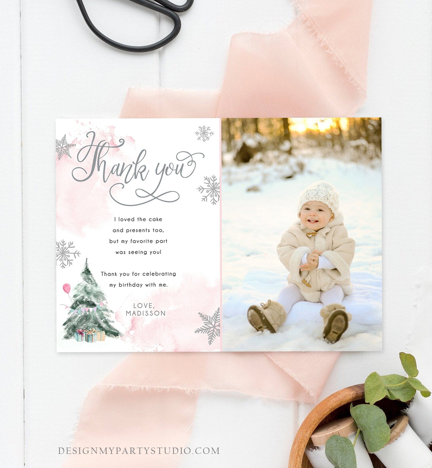 Editable Winter Tree Thank You Card Watercolor Birthday Winter Onederland Pink Girl Christmas Snow Snowflake Template Download Corjl 0363