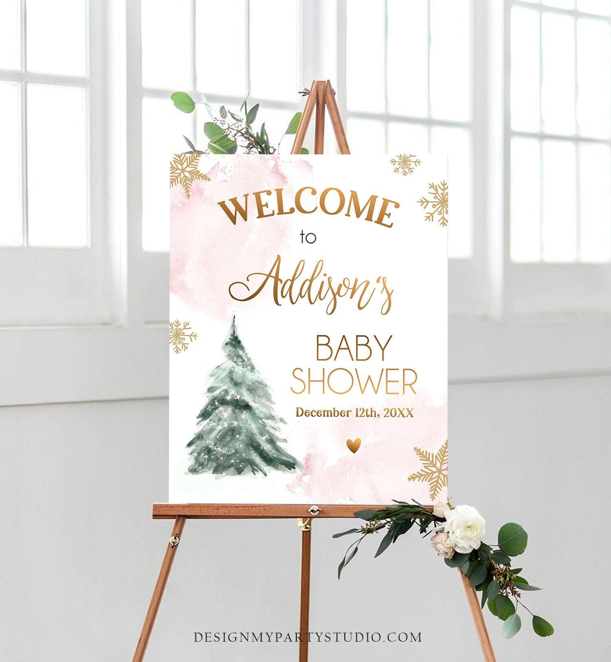 Editable Winter Tree Welcome Sign Tree Watercolor Baby Shower Girl Baby It&#39;s Cold Outside Snowflake Pink Gold Corjl Template Printable 0363