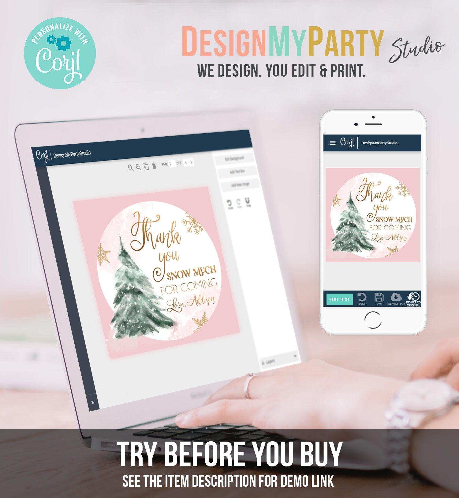 Editable Winter Tree Thank You Tag Winter Onederland Girl Christmas Thank You Snow Much Baby Shower Pink Gold Gift Corjl Printable 0363