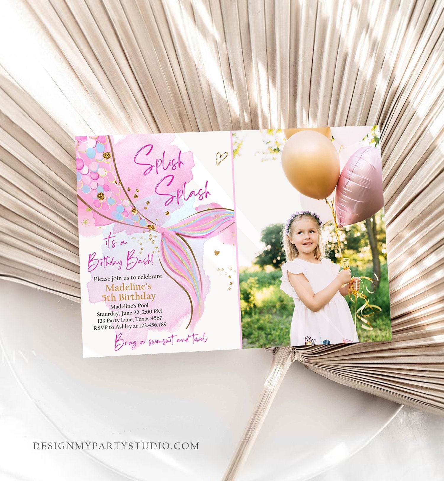 Editable Mermaid Birthday Party Invitation Girl Blush Pink Gold Mermaid Birthday Under The Sea Download Printable Template Corjl 0403