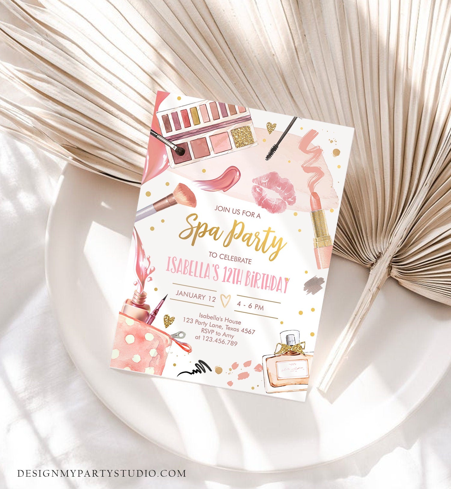 Editable Spa Makeup Birthday Invitation Glam Party Girl Birthday Tween Spa Party Invite Pink Gold Download Printable Template Corjl 0420