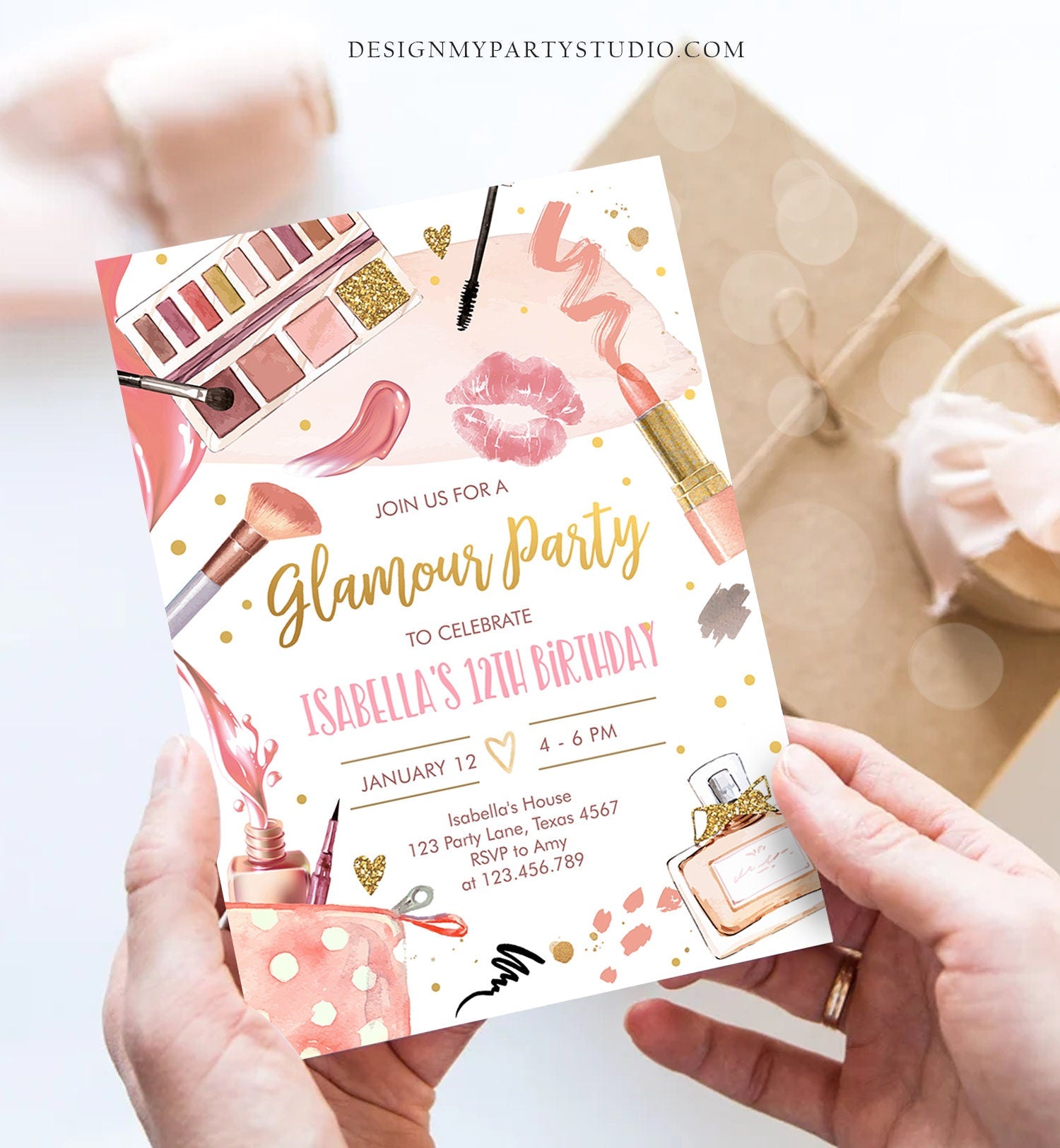 Editable Glamour Birthday Party Glitters Glamour Party Spa Makeup Birthday Invitation Pink Gold Girl Download Printable Template Corjl 0420