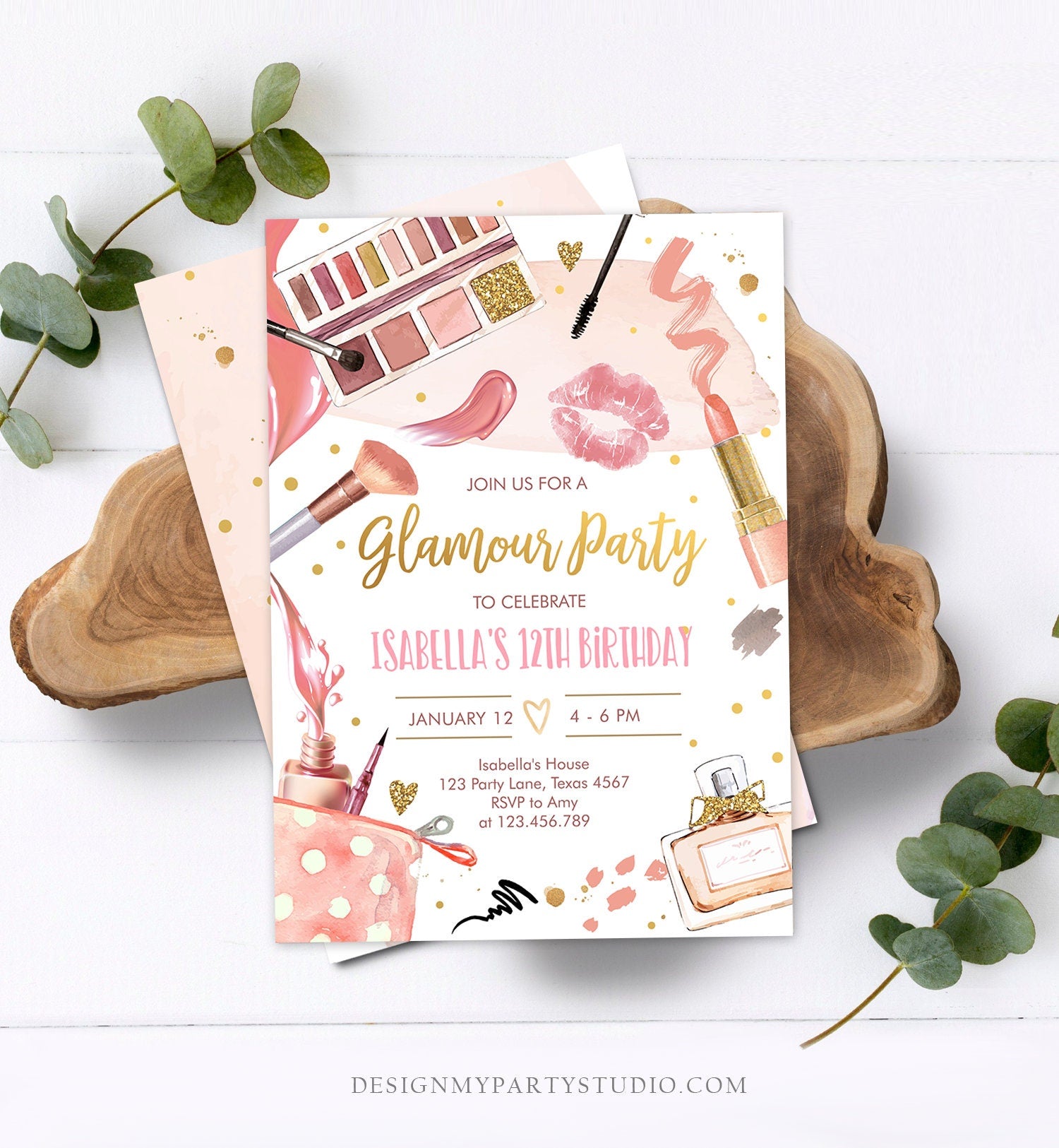 Editable Glamour Birthday Party Glitters Glamour Party Spa Makeup Birthday Invitation Pink Gold Girl Download Printable Template Corjl 0420