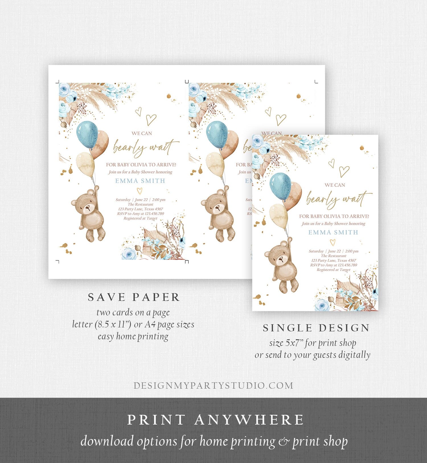 Editable Boho Teddy Bear Baby Shower Invitation We can Bearly Wait Boy Blue Bohemian Pampas Grass Cute Template Instant Download Corjl 0421