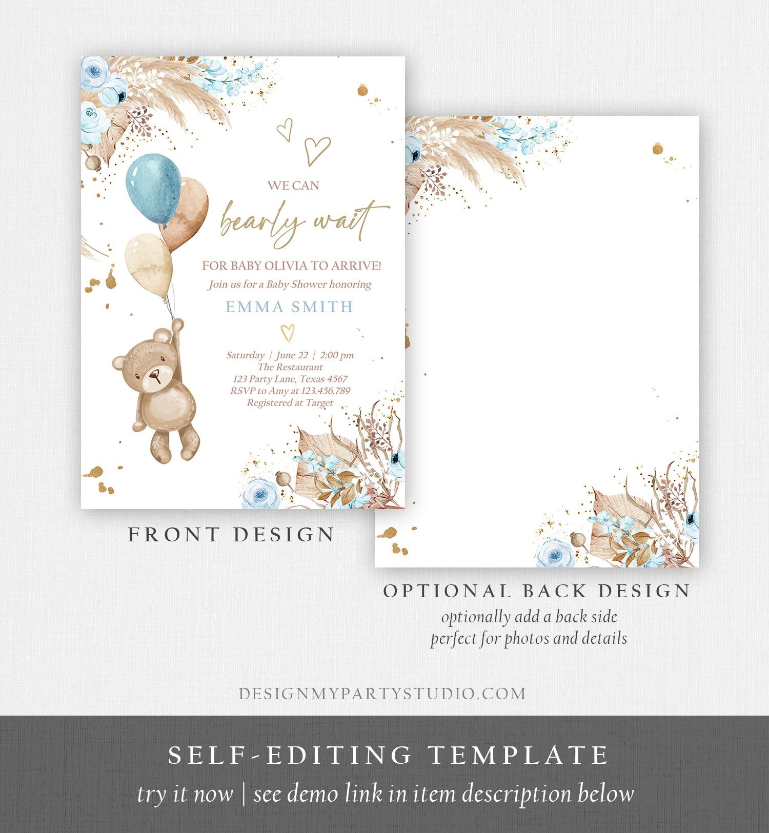 Editable Boho Teddy Bear Baby Shower Invitation We can Bearly Wait Boy Blue Bohemian Pampas Grass Cute Template Instant Download Corjl 0421