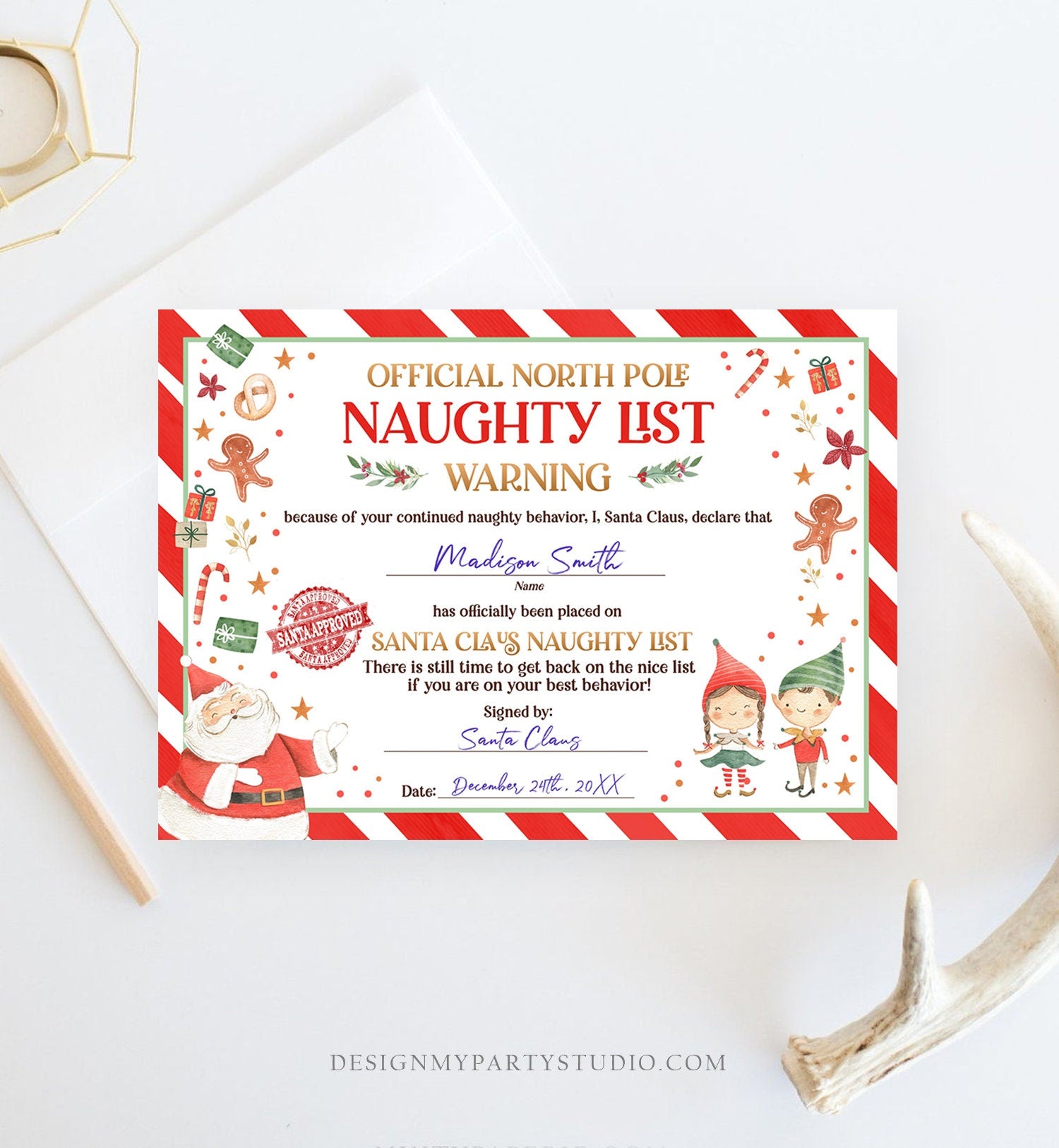 Editable Santa Claus Official Naughty List Warning Letter Certificate Desk Santa Claus Christmas North Pole Corjl Template Printable 0358