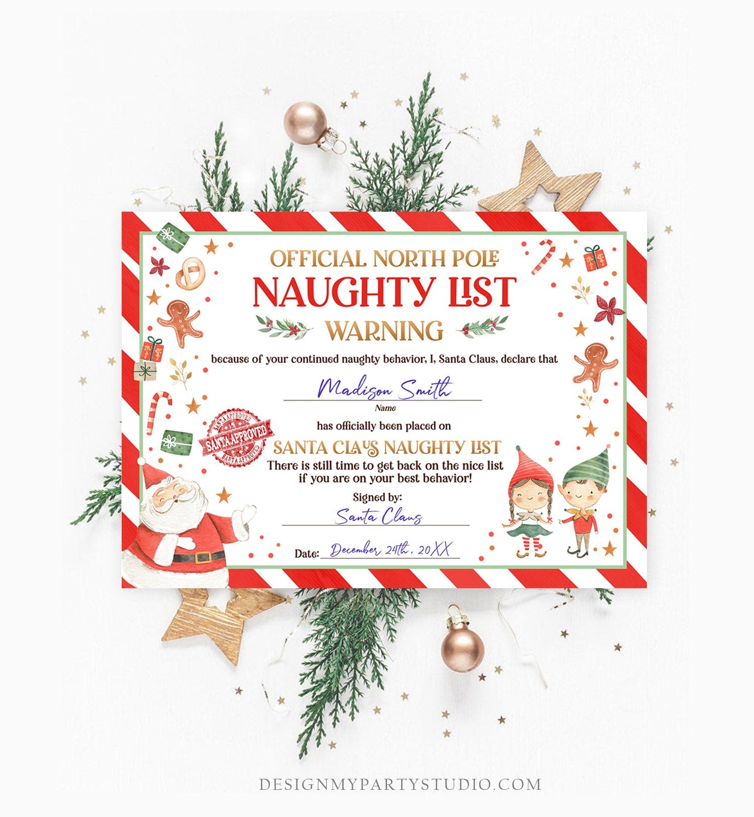 Editable Santa Claus Official Naughty List Warning Letter Certificate Desk Santa Claus Christmas North Pole Corjl Template Printable 0358