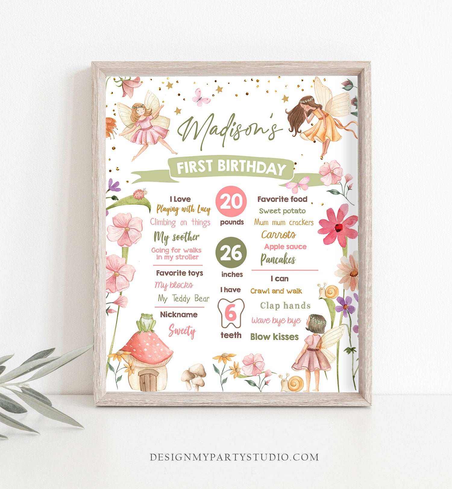 Editable Fairy Birthday Milestones Sign Fairy Tea Party Girl Birthday Garden Party Fairy First Birthday Stats Template Printable Corjl 0406