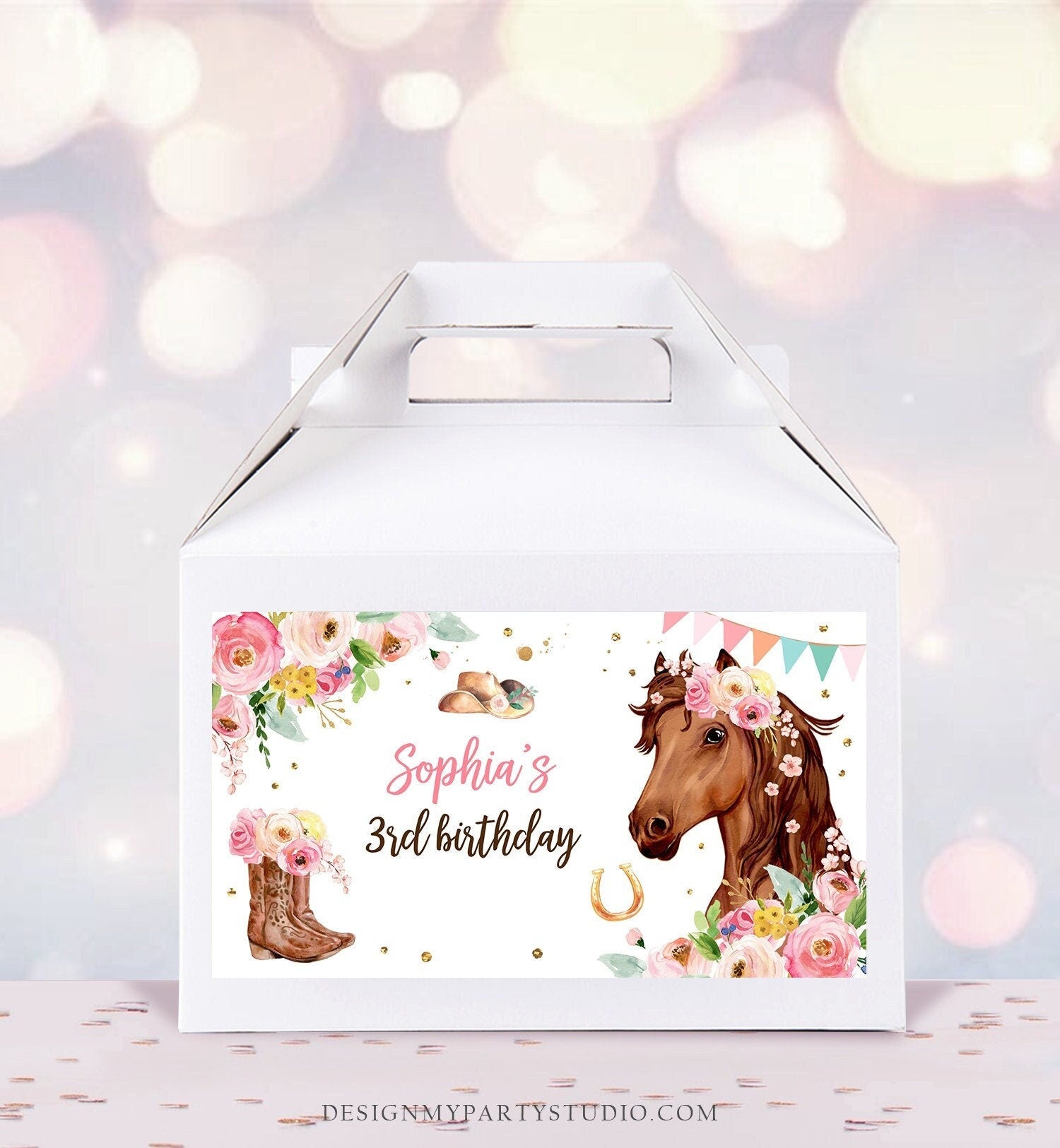 Editable Horse Birthday Gable Gift Box Label Cowgirl Birthday Favors Girl Treat Box Label Pony Party Floral Digital Download Printable 0408