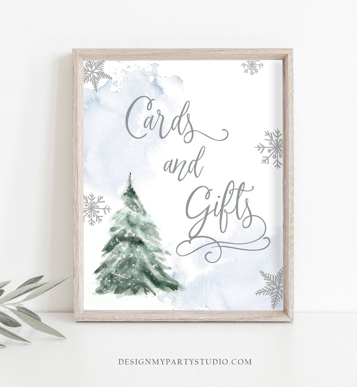 Cards and Gifts Sign Winter Tree Watercolor Snow Boy Baby Shower Thank You Gifts Table Sign Blue Silver Snowflake Download Printable 0363