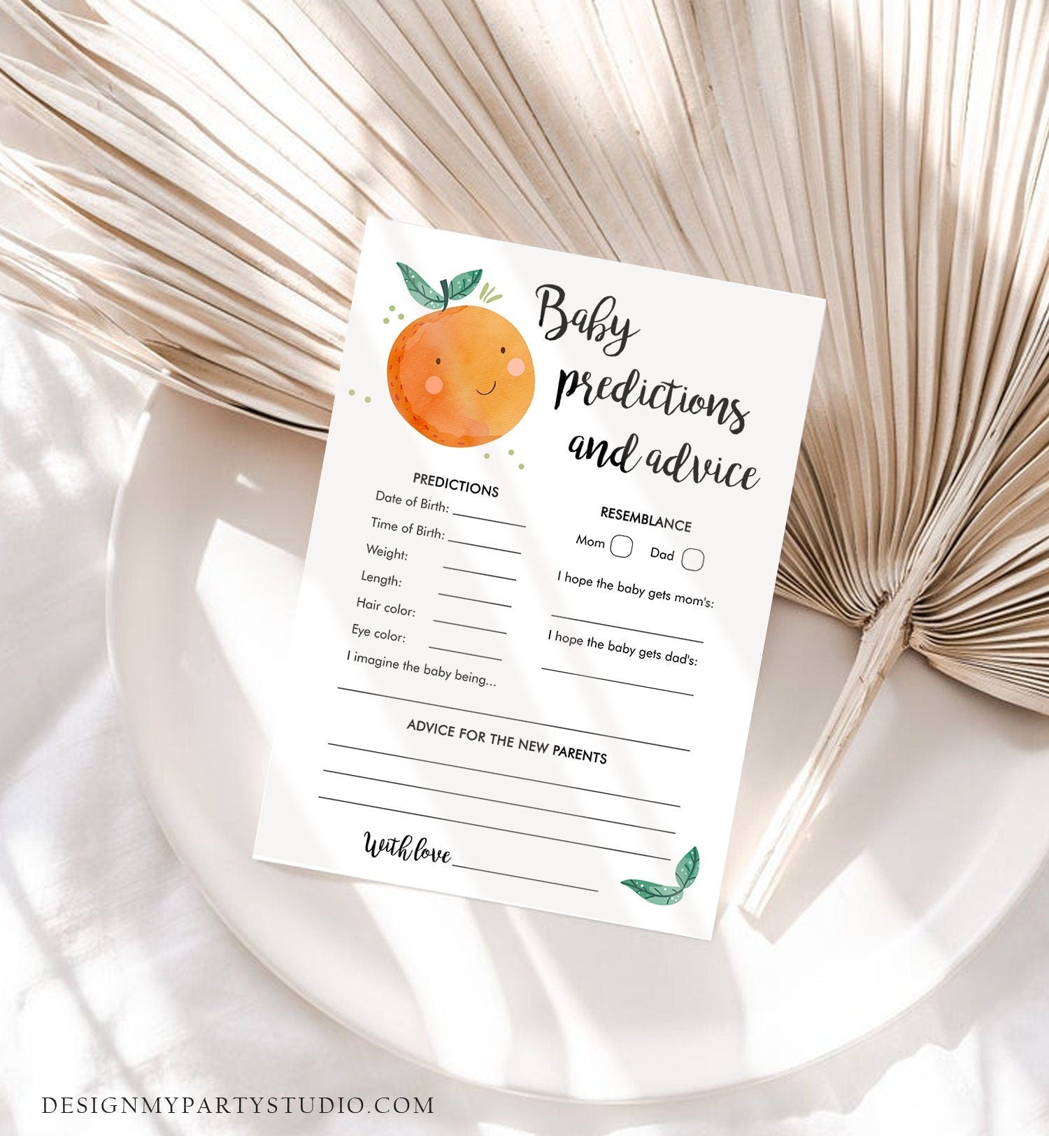 Editable Baby Predictions and Advice Baby Shower Game Card Little Cutie Orange Clementine Sprinkle Activity Download Template Corjl 0330