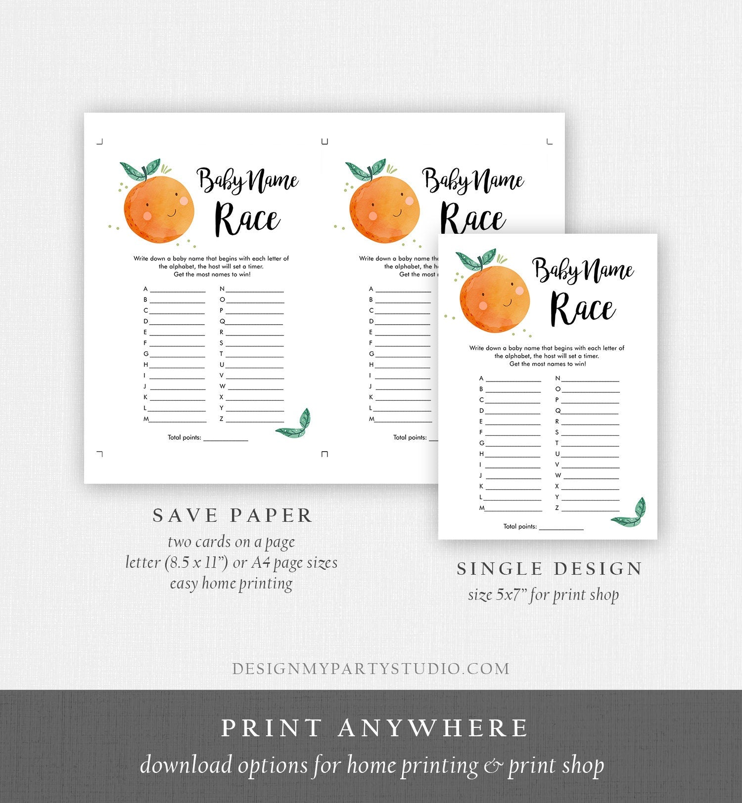 Editable Baby Name Race Baby Shower Game Card Little Cutie Orange Clementine Guess Baby Names Sprinkle Activity Download Template Corjl 0330