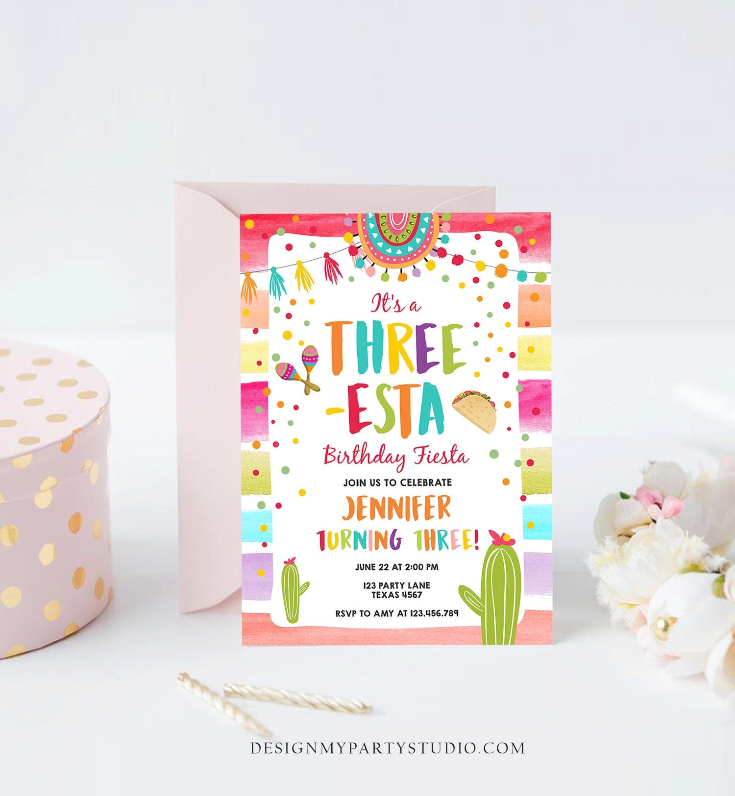 Editable Three-Esta Fiesta Birthday Invitation Third Birthday 3rd Cactus Mexican Boy Girl Cactus Download Corjl Template Printable 0134