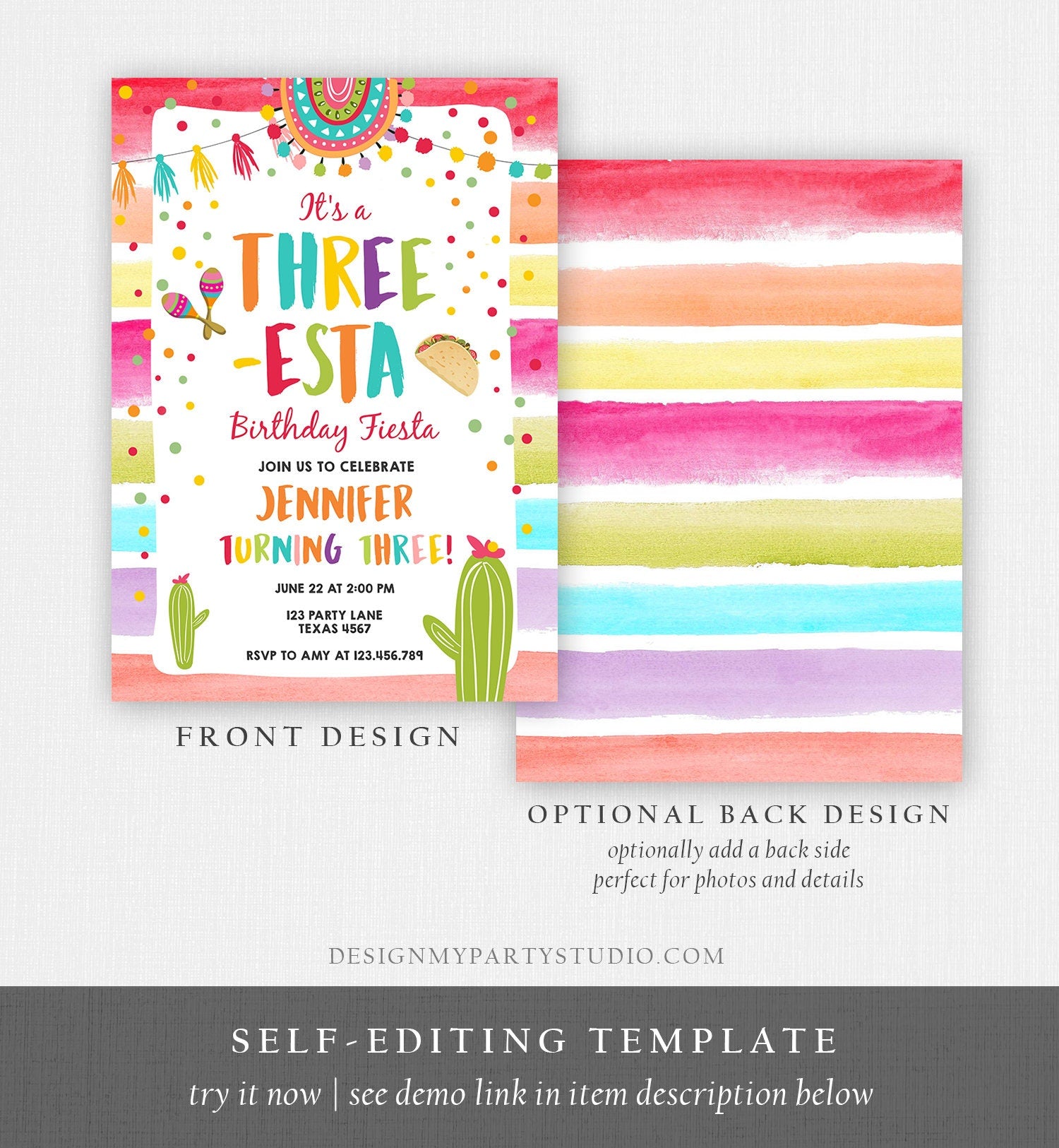 Editable Three-Esta Fiesta Birthday Invitation Third Birthday 3rd Cactus Mexican Boy Girl Cactus Download Corjl Template Printable 0134