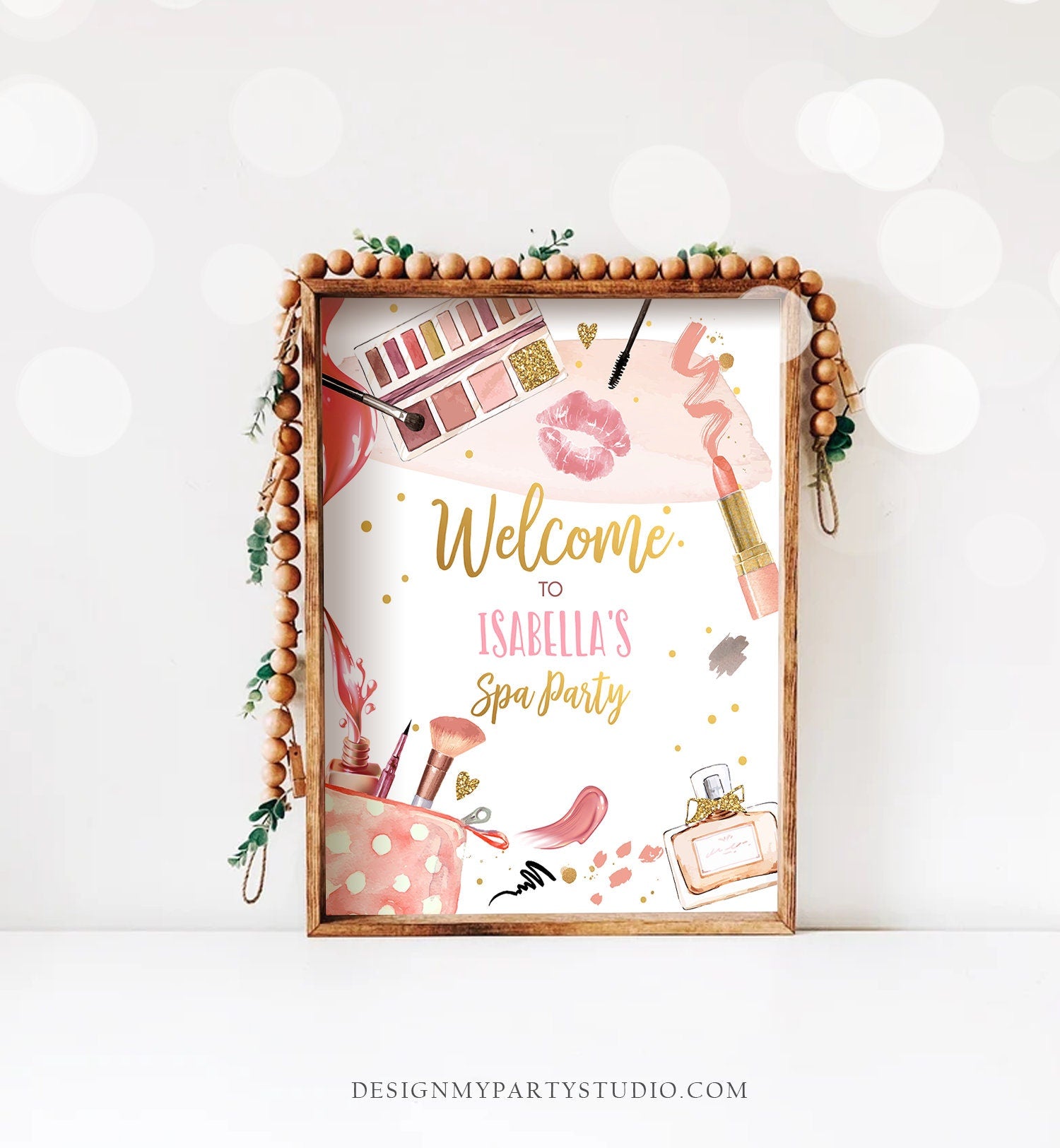 Editable Spa Party Birthday Welcome Sign Glamour Party Spa Birthday Decor Girl Pink and Gold Makeup Party Template Corjl PRINTABLE 0420