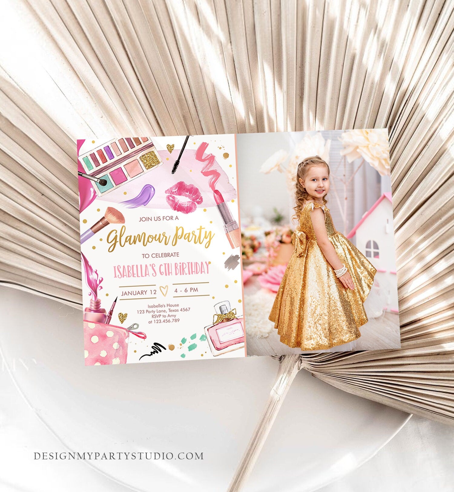 Editable Glamour Birthday Party Glitters and Glamour Spa Makeup Birthday Invitation Pink Gold Girl Download Printable Template Corjl 0420