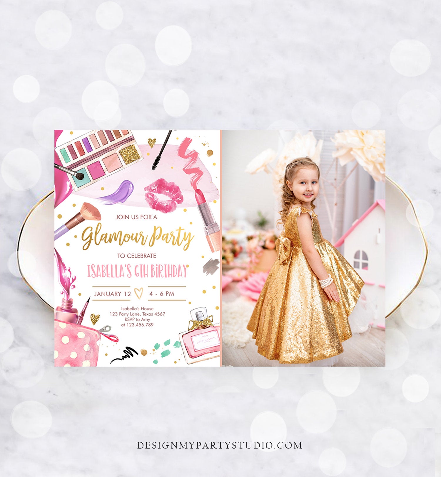 Editable Glamour Birthday Party Glitters and Glamour Spa Makeup Birthday Invitation Pink Gold Girl Download Printable Template Corjl 0420