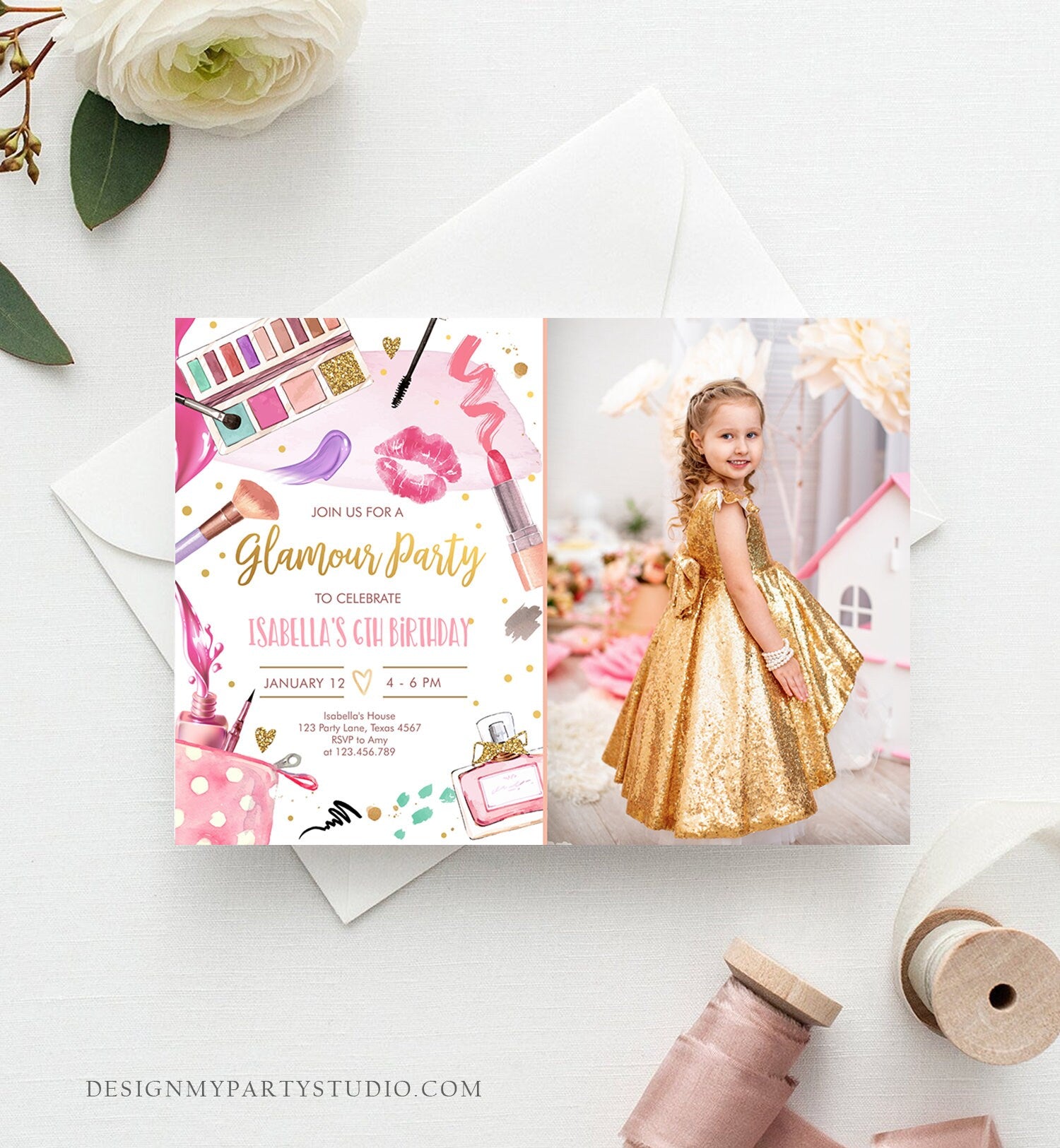 Editable Glamour Birthday Party Glitters and Glamour Spa Makeup Birthday Invitation Pink Gold Girl Download Printable Template Corjl 0420