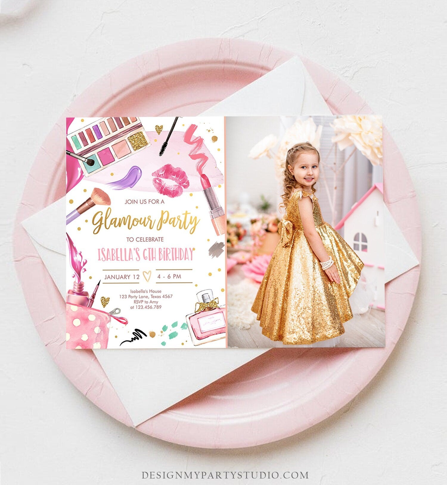 Editable Glamour Birthday Party Glitters and Glamour Spa Makeup Birthday Invitation Pink Gold Girl Download Printable Template Corjl 0420