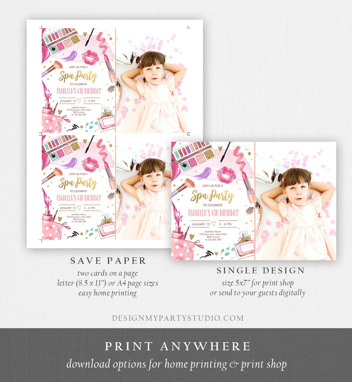 Editable Spa Birthday Party Glitters and Glamour Fashion Makeup Birthday Invitation Pink Gold Girl Download Printable Template Corjl 0420