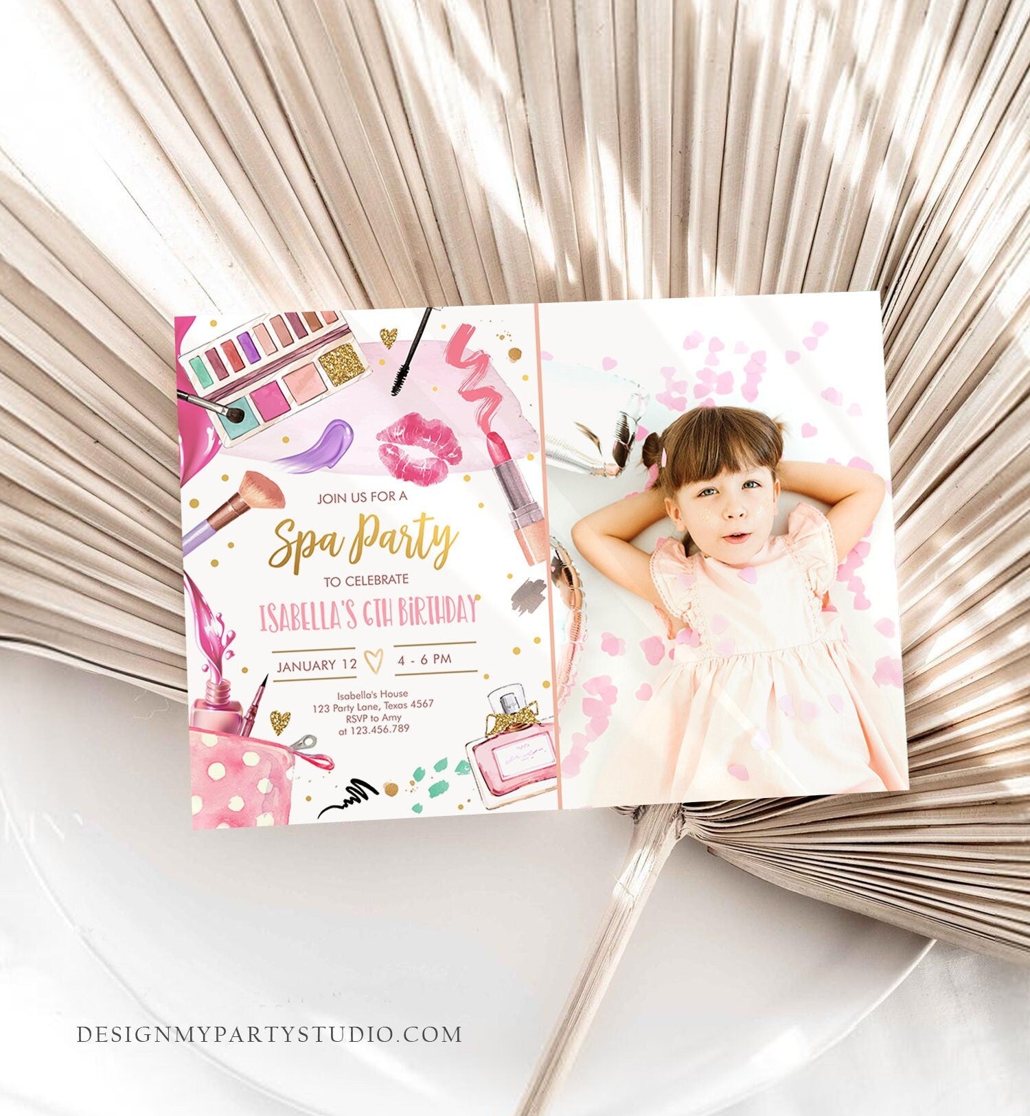 Editable Spa Birthday Party Glitters and Glamour Fashion Makeup Birthday Invitation Pink Gold Girl Download Printable Template Corjl 0420