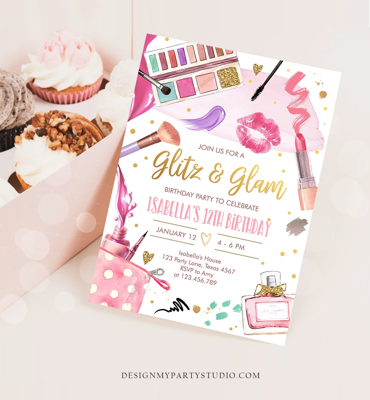 Editable Glitz and Glam Birthday Party Invitation Spa Party Makeup Birthday Invitation Pink Gold Girl Download Printable Template Corjl 0420