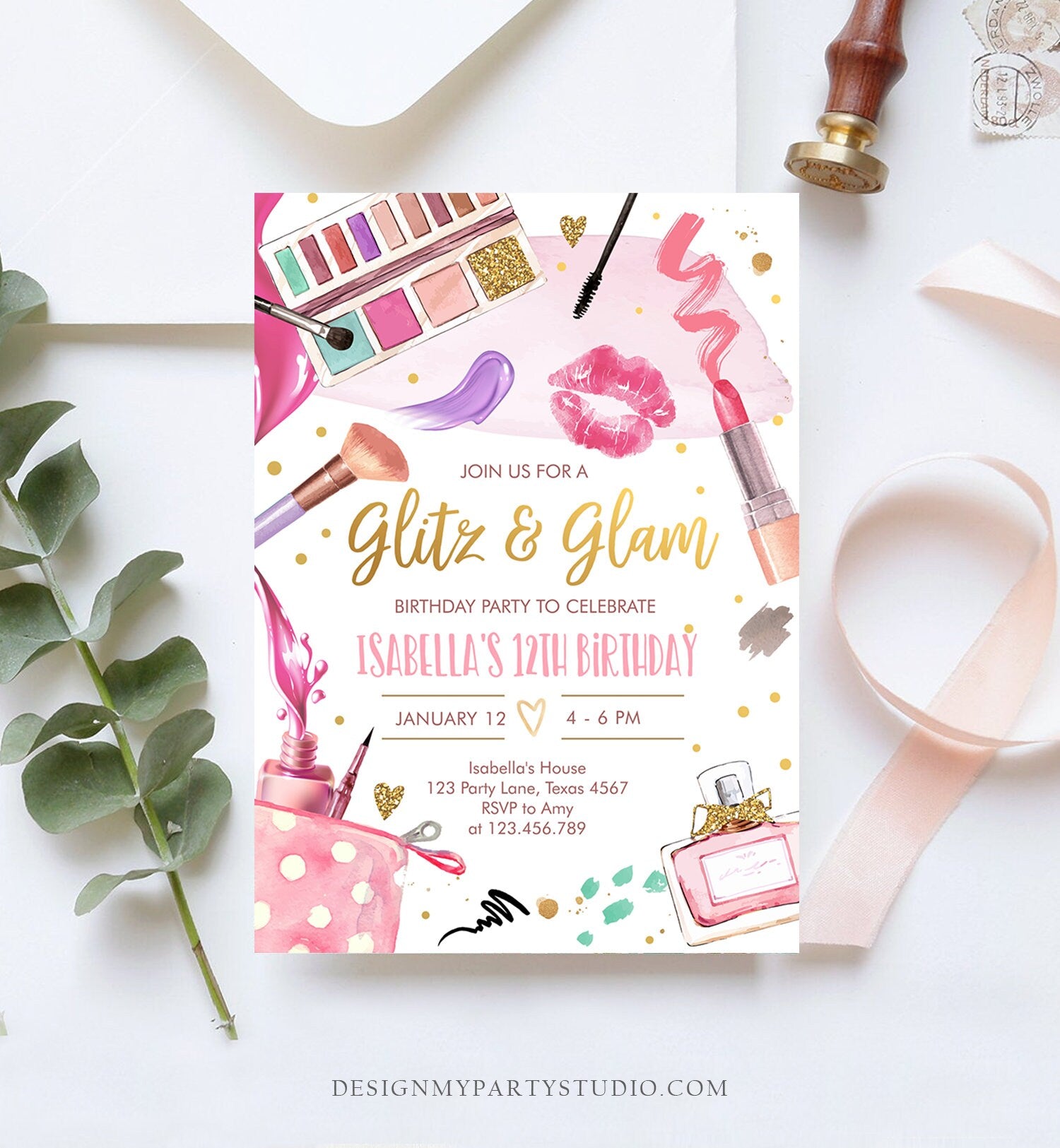 Editable Glitz and Glam Birthday Party Invitation Spa Party Makeup Birthday Invitation Pink Gold Girl Download Printable Template Corjl 0420