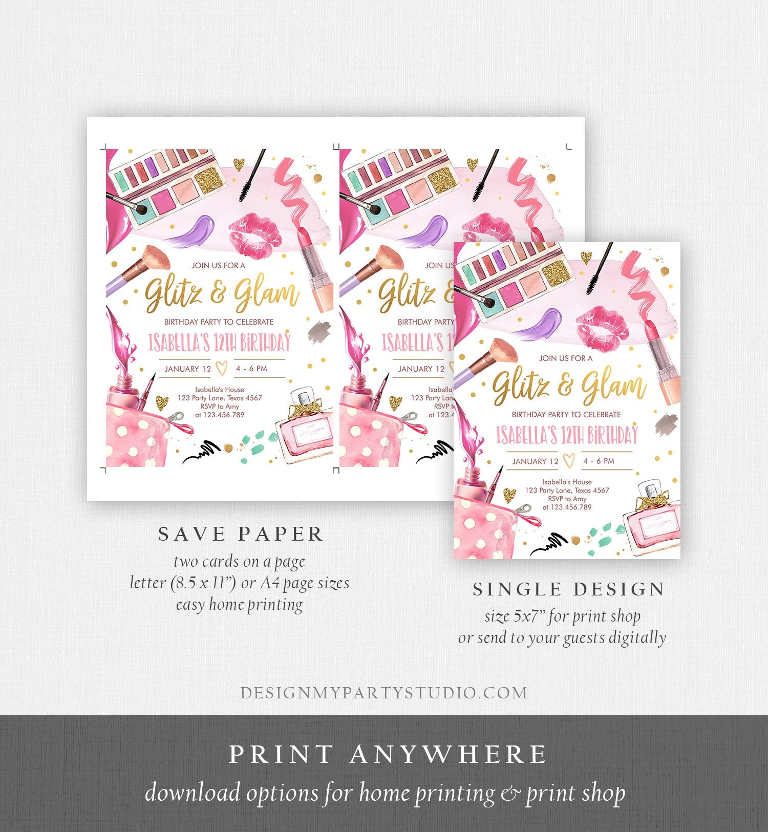 Editable Glitz and Glam Birthday Party Invitation Spa Party Makeup Birthday Invitation Pink Gold Girl Download Printable Template Corjl 0420